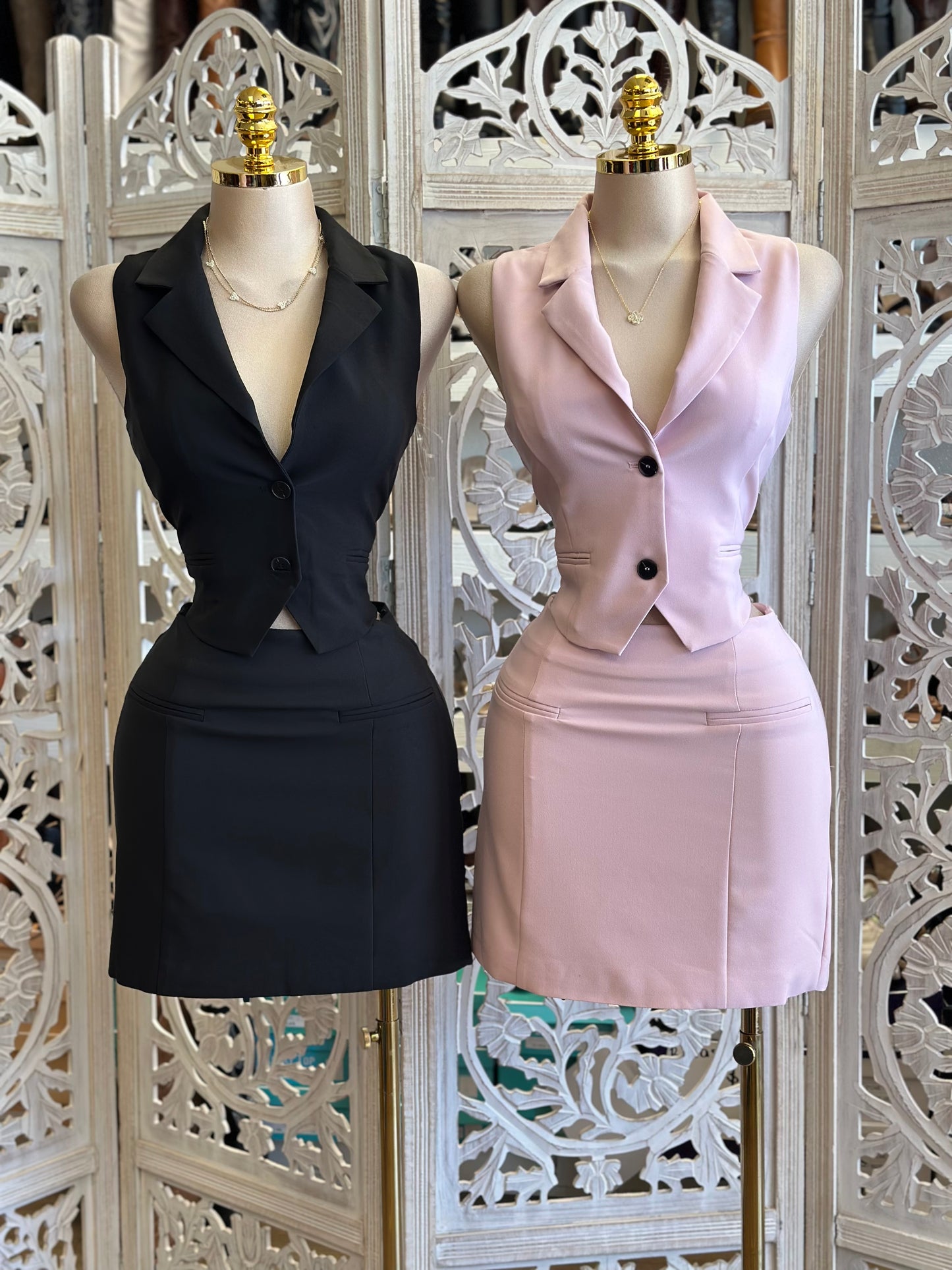 Vest and Mini Skirt Set- Slightly Stretchy,Estira Poco