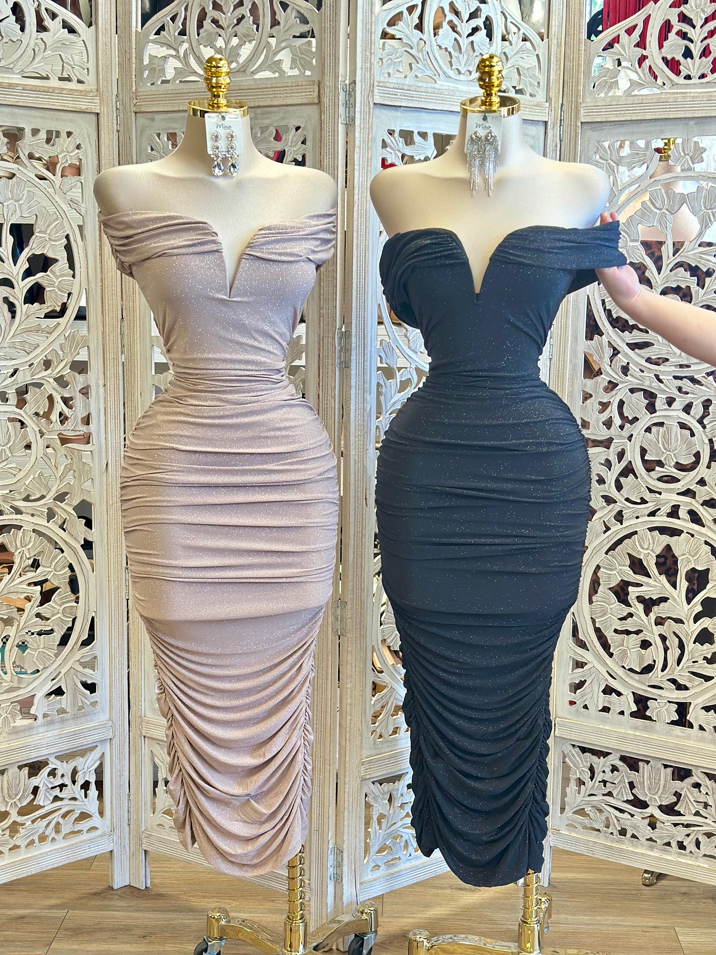 Glittery Heart line Off Shoulder Dress- Stretchy,Estira