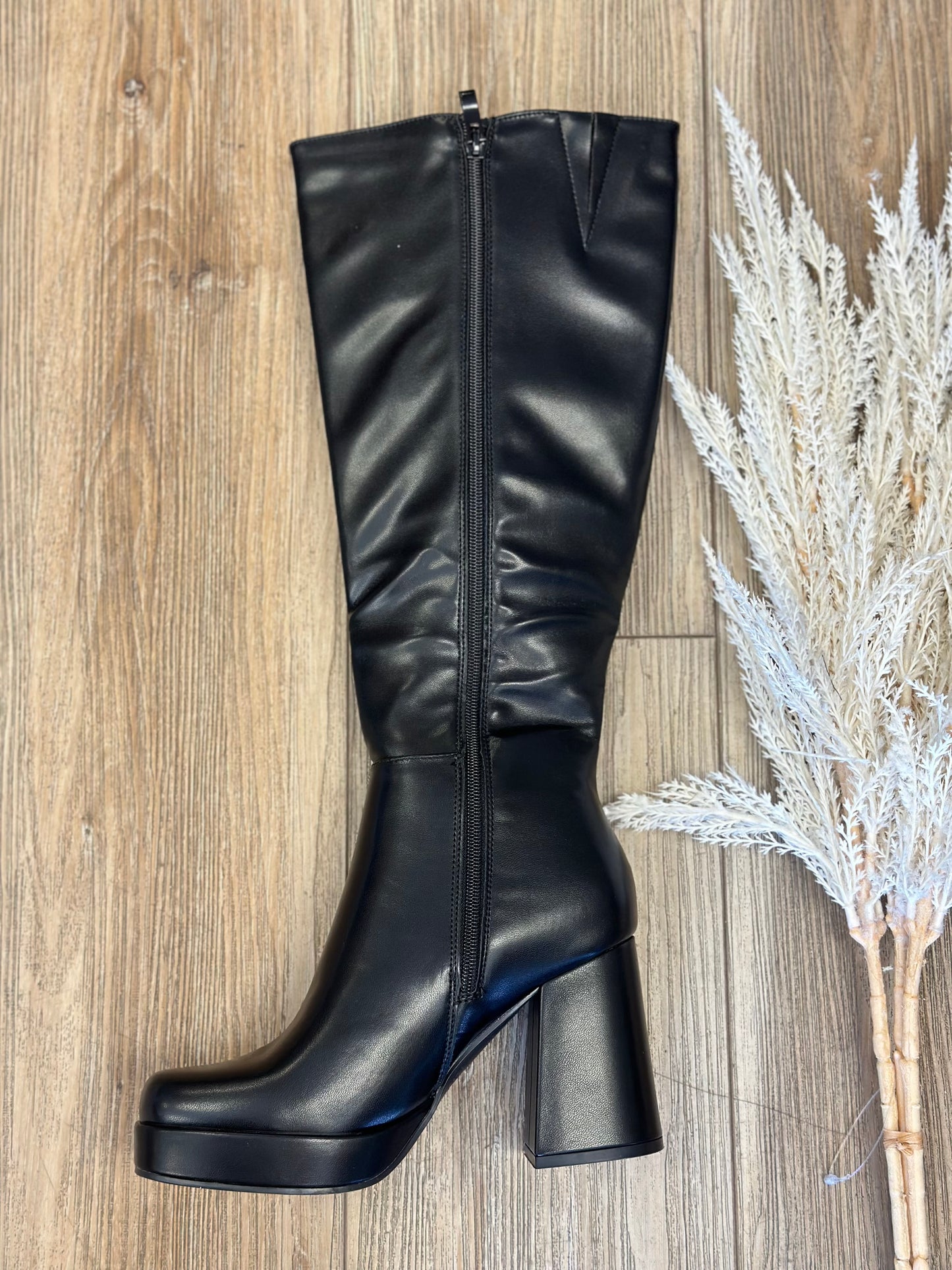 Black Faux Leather Mid Length Round Toe Boots