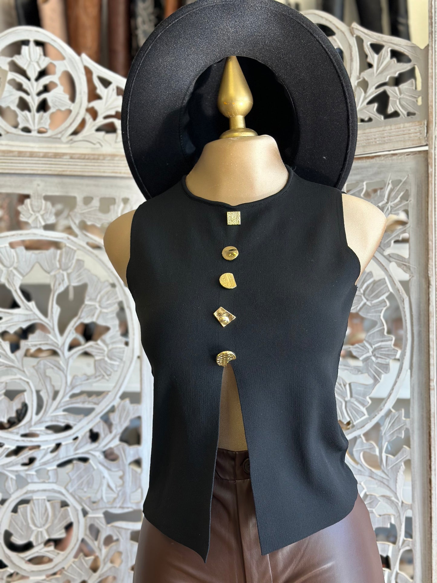 Asymmetrical Gold Button Blouse- Estira, Stretchy
