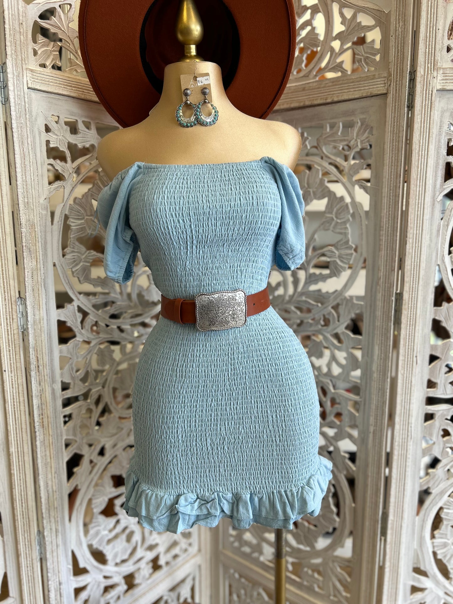 Blue Smocked Mini Dress- Stretchy