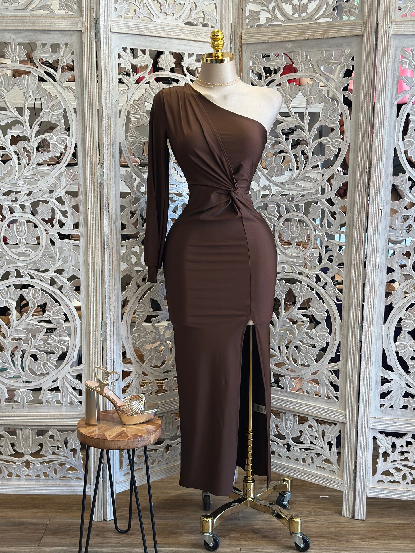 Deep Brown One Sleeve Knotted Dress- Stretchy