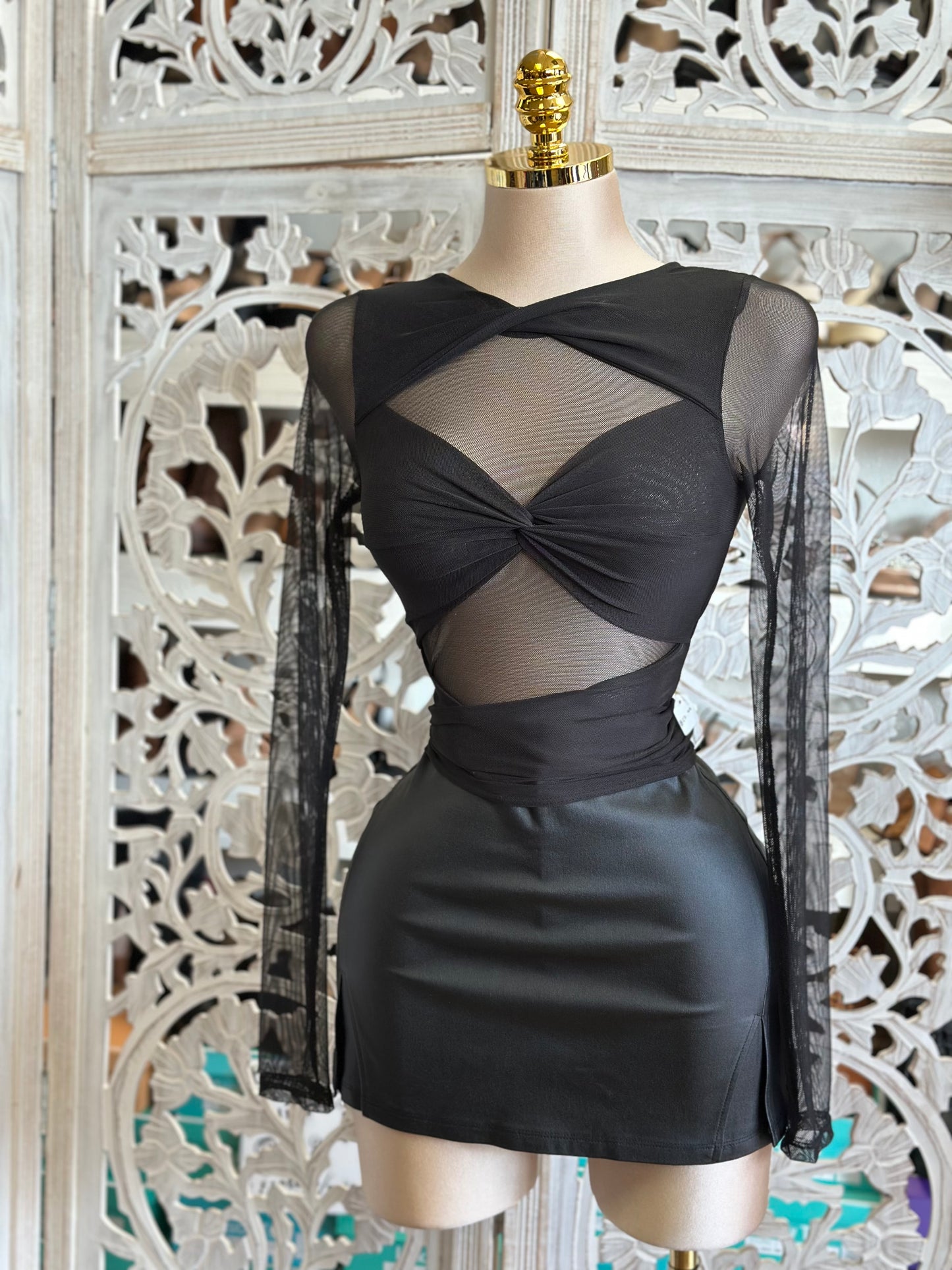 Black Bow Mesh Long Sleeve Blouse- Estira, Stretchy