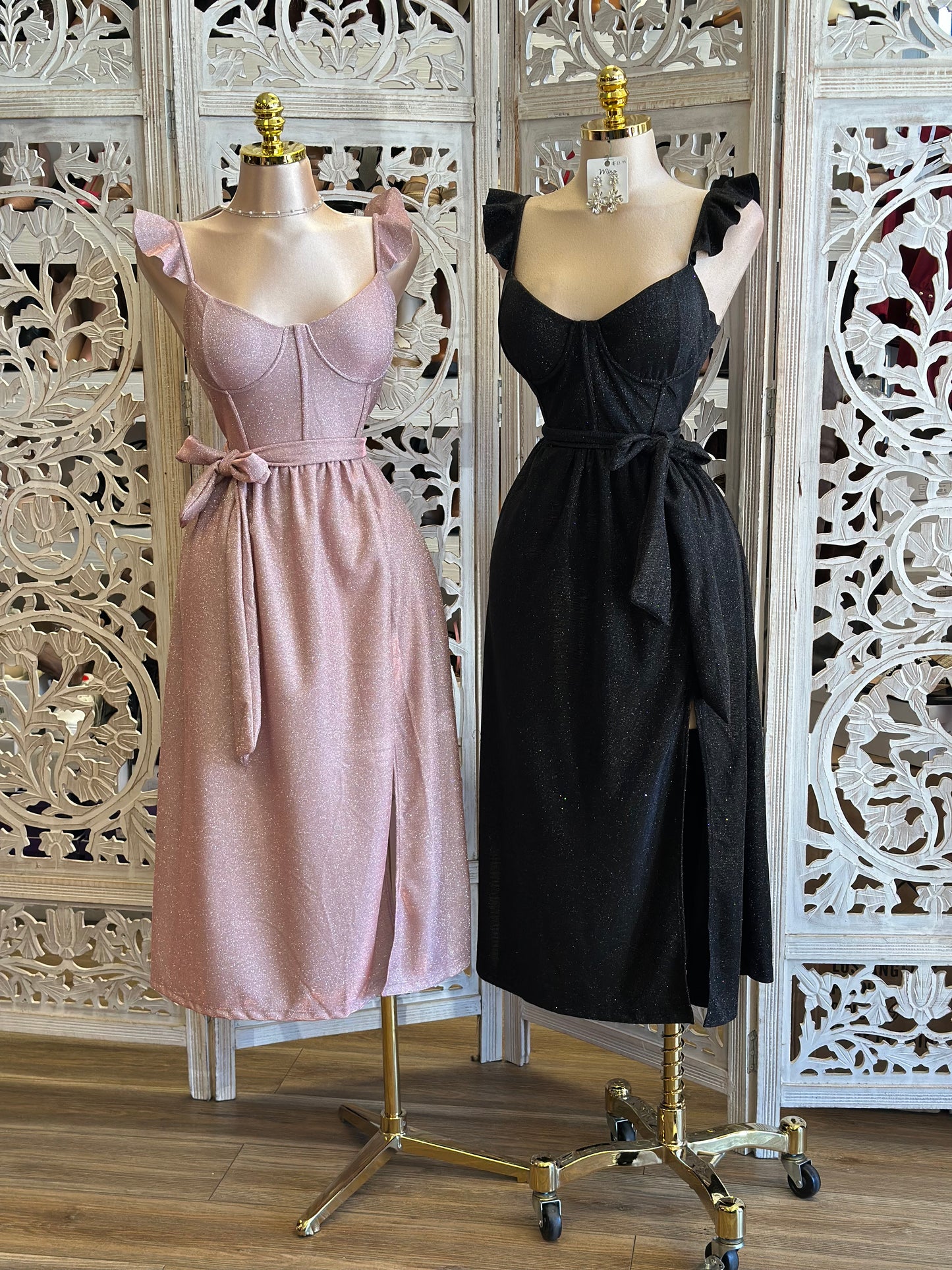 Shimmery Corset Lined Midi Dress-Stretchy, Estira