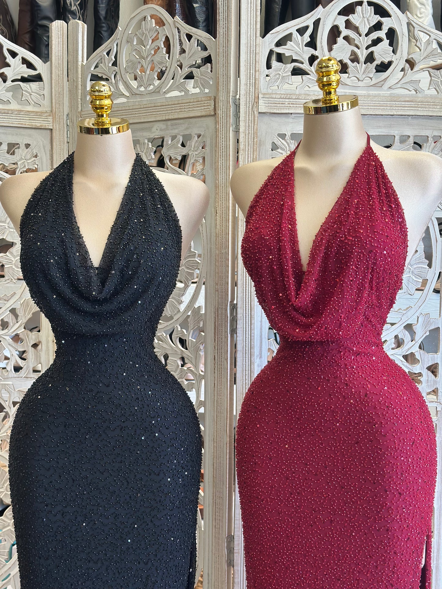 Elegant Draped Neck Embellished Dress - Estira , Stretchy