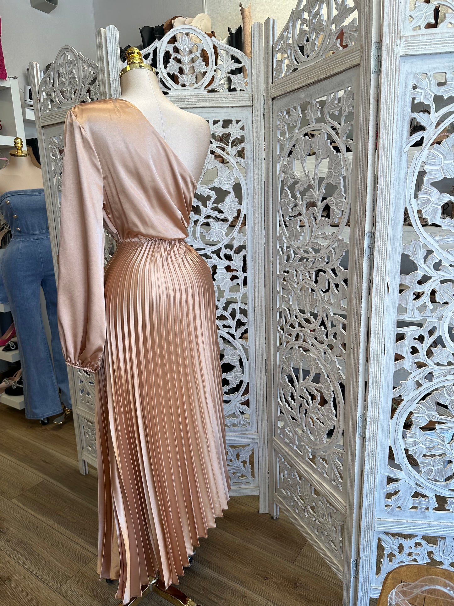 Pleated One Sleeve Maxi Dress- Stretchy, Estira