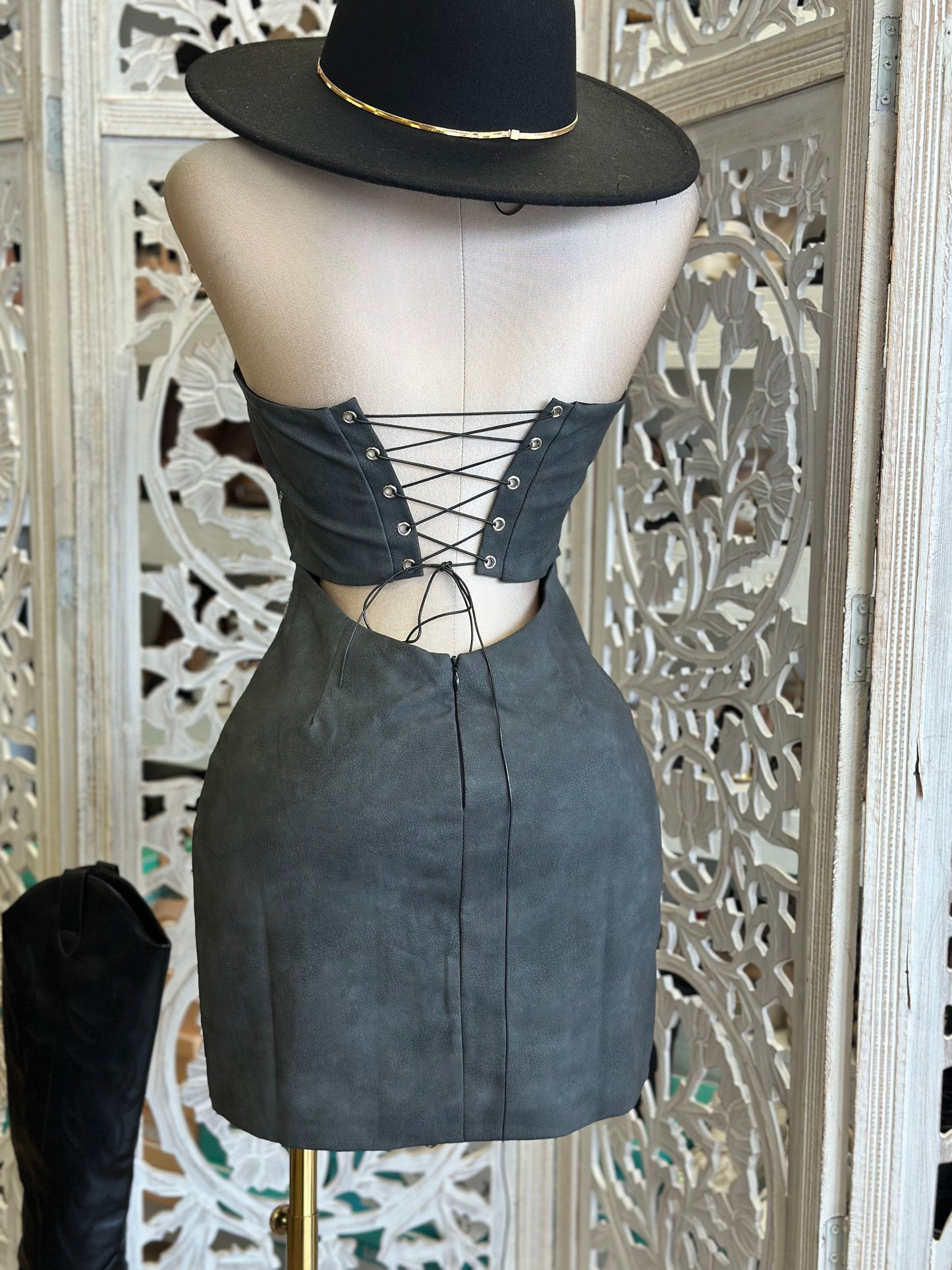 Faux Leather Western Mini Dress- Not Stretchy,No Estira