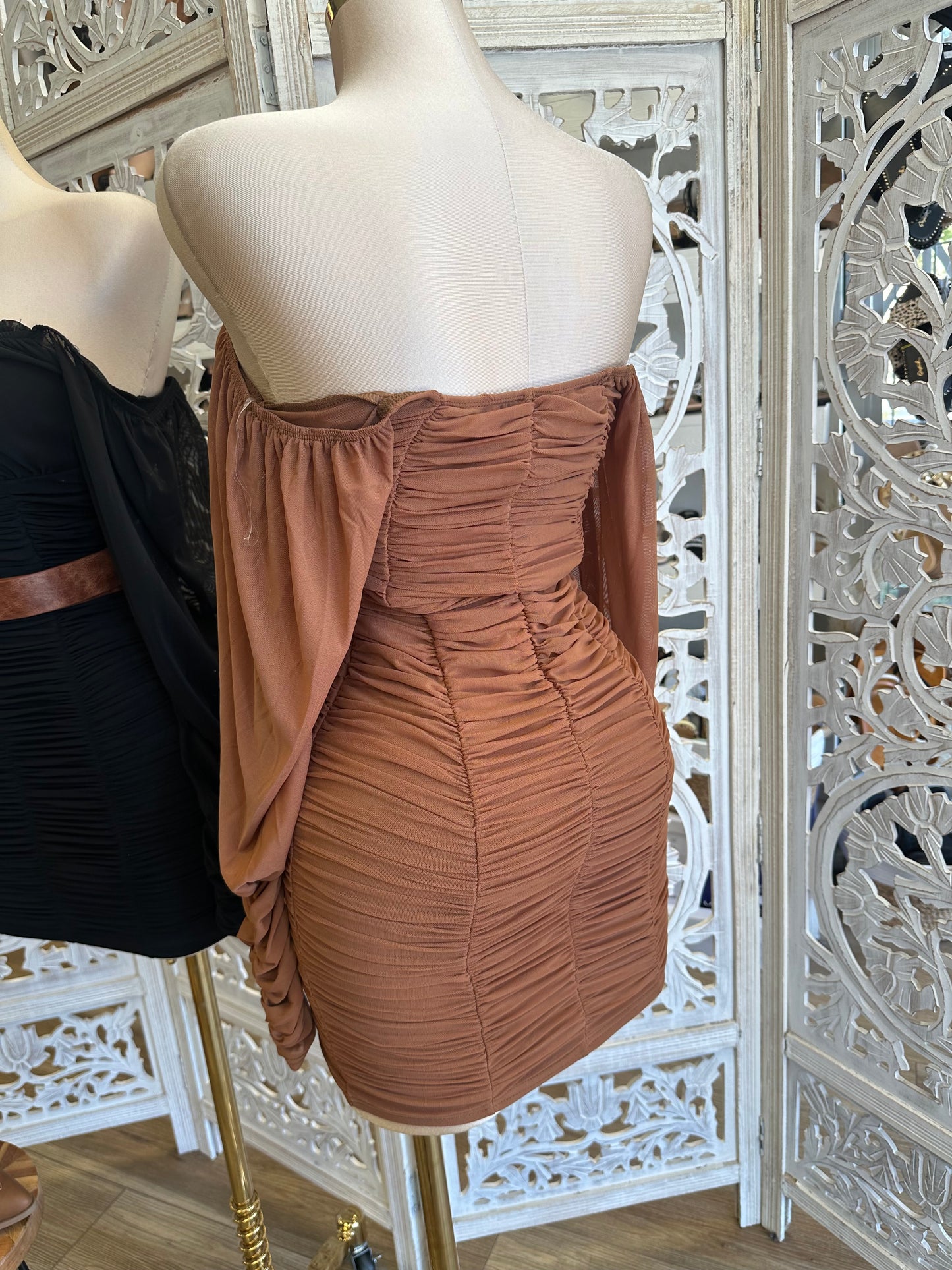 Ruched Off Shoulder Heartline Dress - Estira, Stretchy