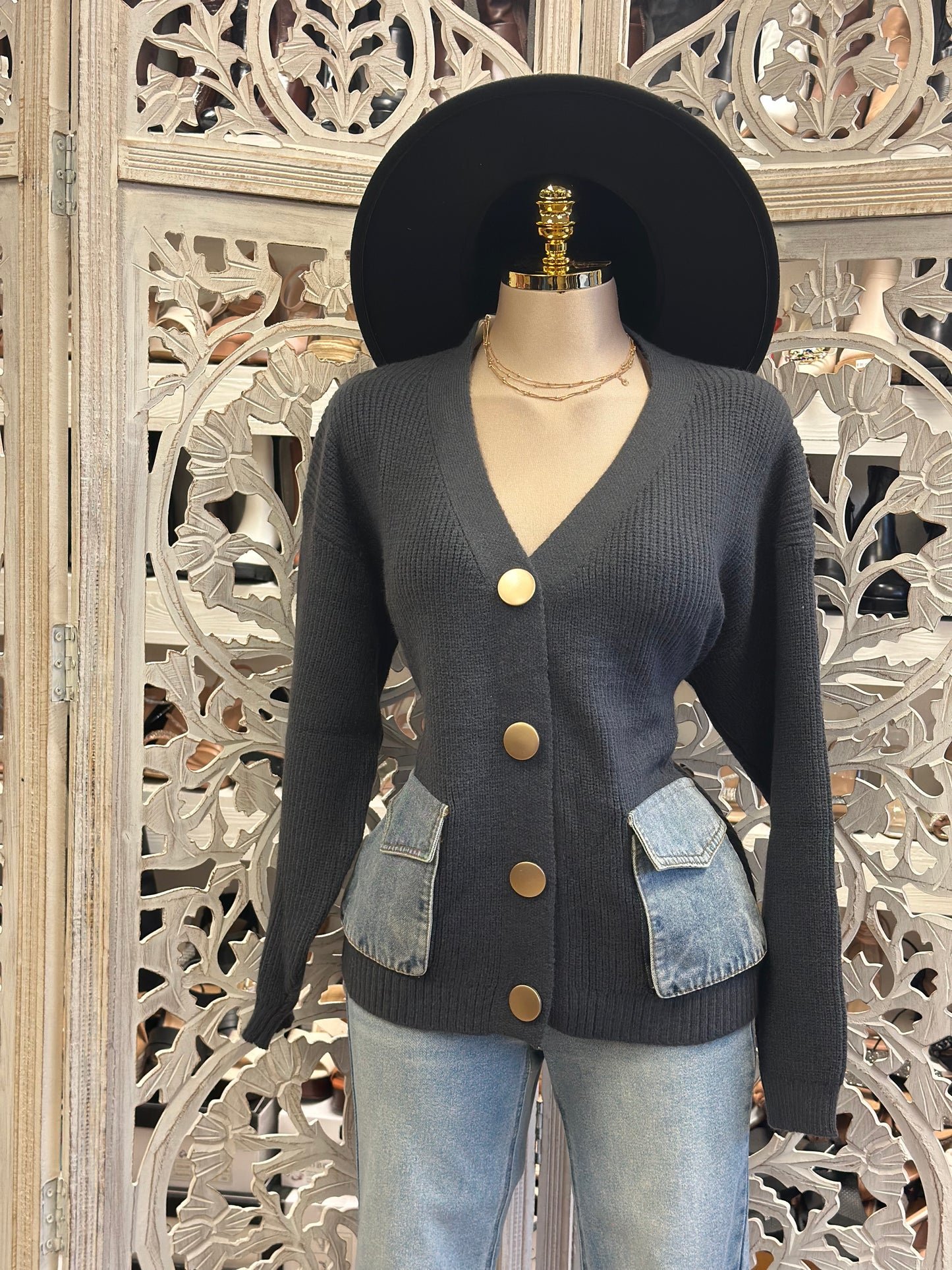 Denim Patchwork Gold Button Up Cardigan