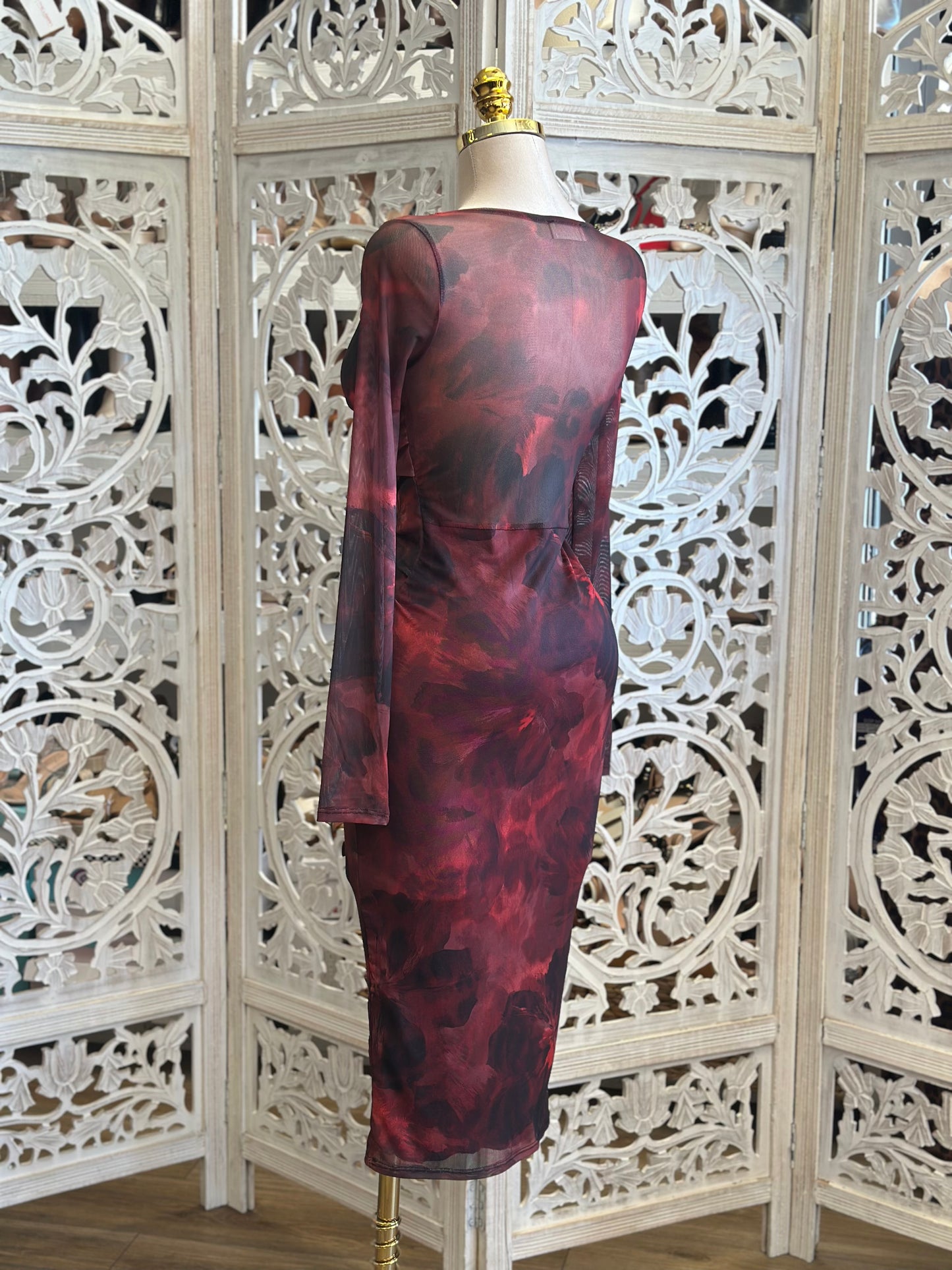 Red Floral Mesh Bow Midi Dress- Stretchy,Estirat
