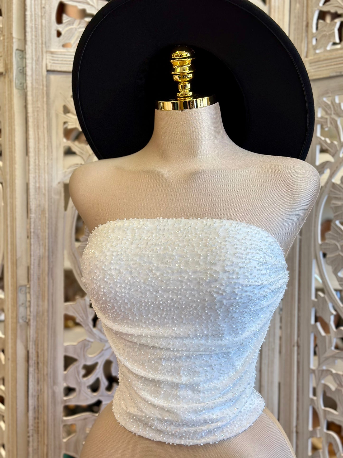 Ivory Beaded Strapless Blouse - Estira, Stretchy