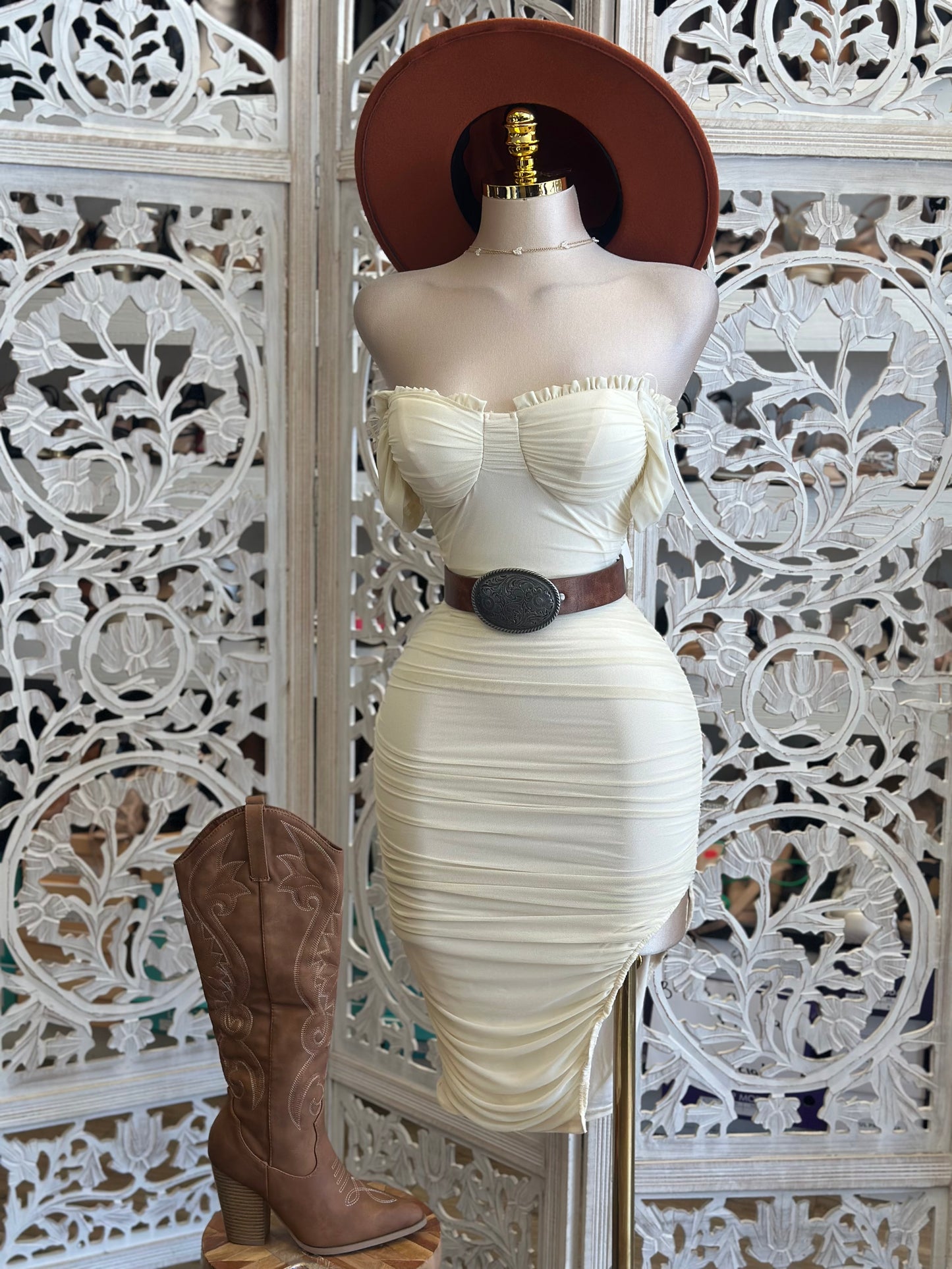 Ivory Off Shoulder Midi Dress- Stretchy, Estira