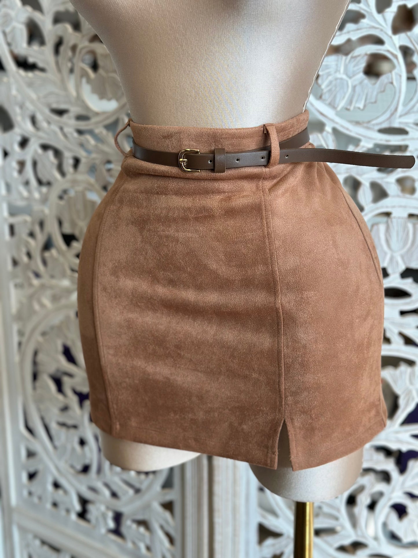Light Brown Suede Mini Skirt with Belt - Estira, Stretchy