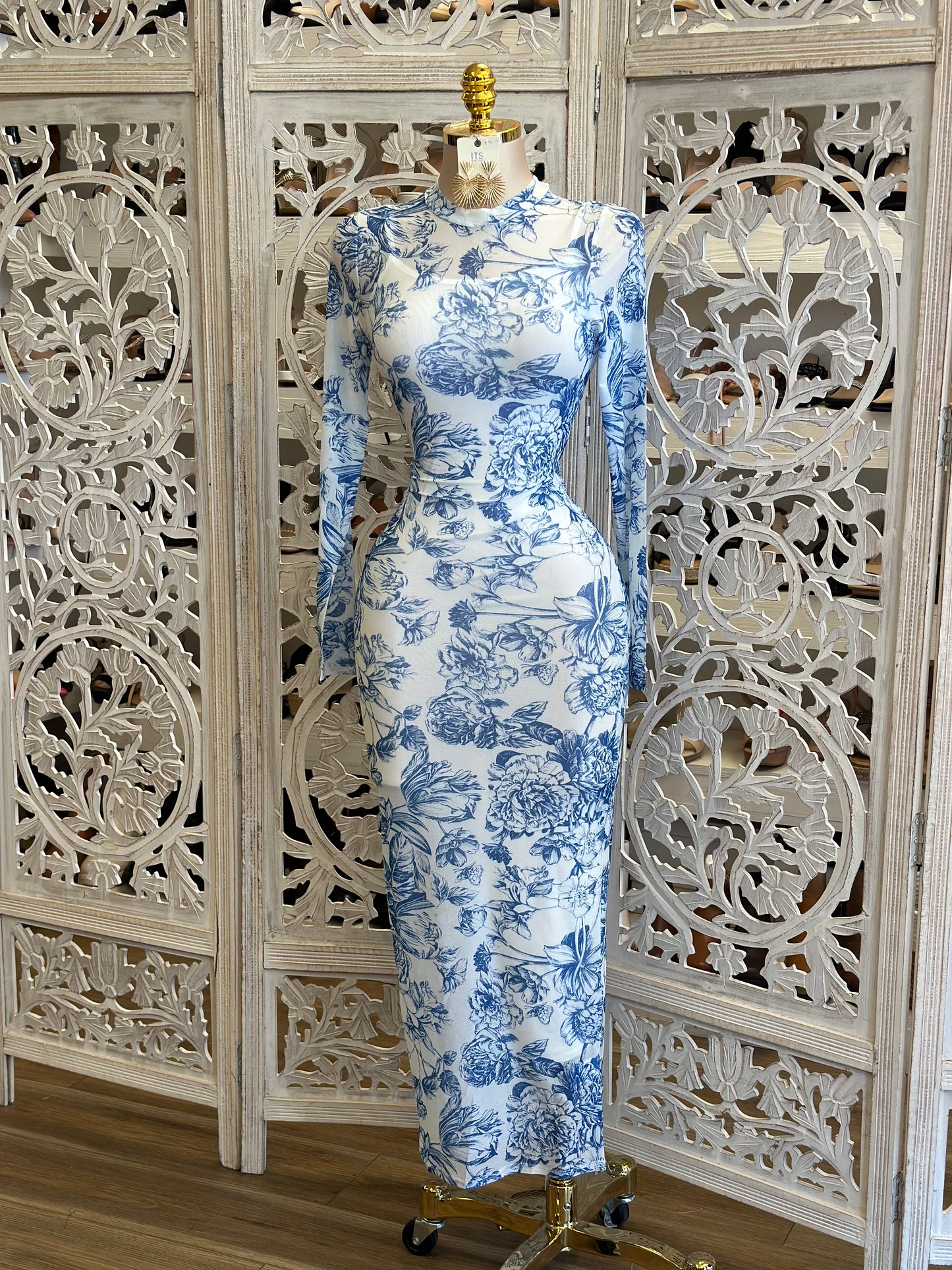 Mesh Blue Pattern Maxi Dress -Estira, Stretchy