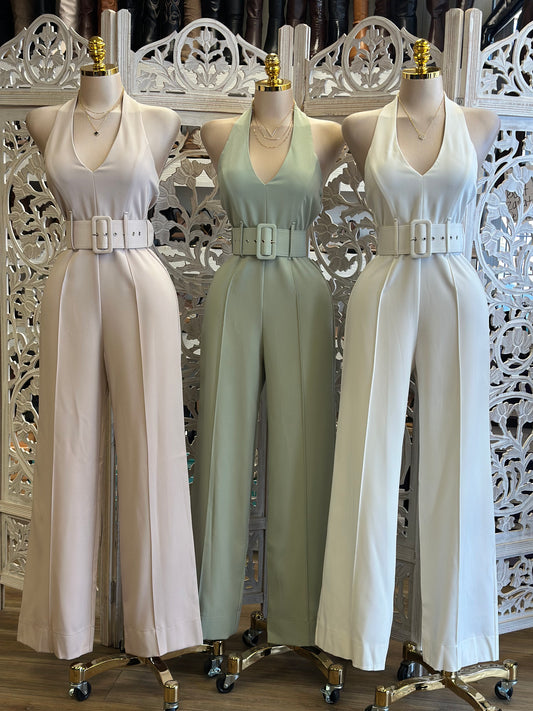 Open Back  Belt Pastel Jumpsuit- Not Stretchy, No Estira