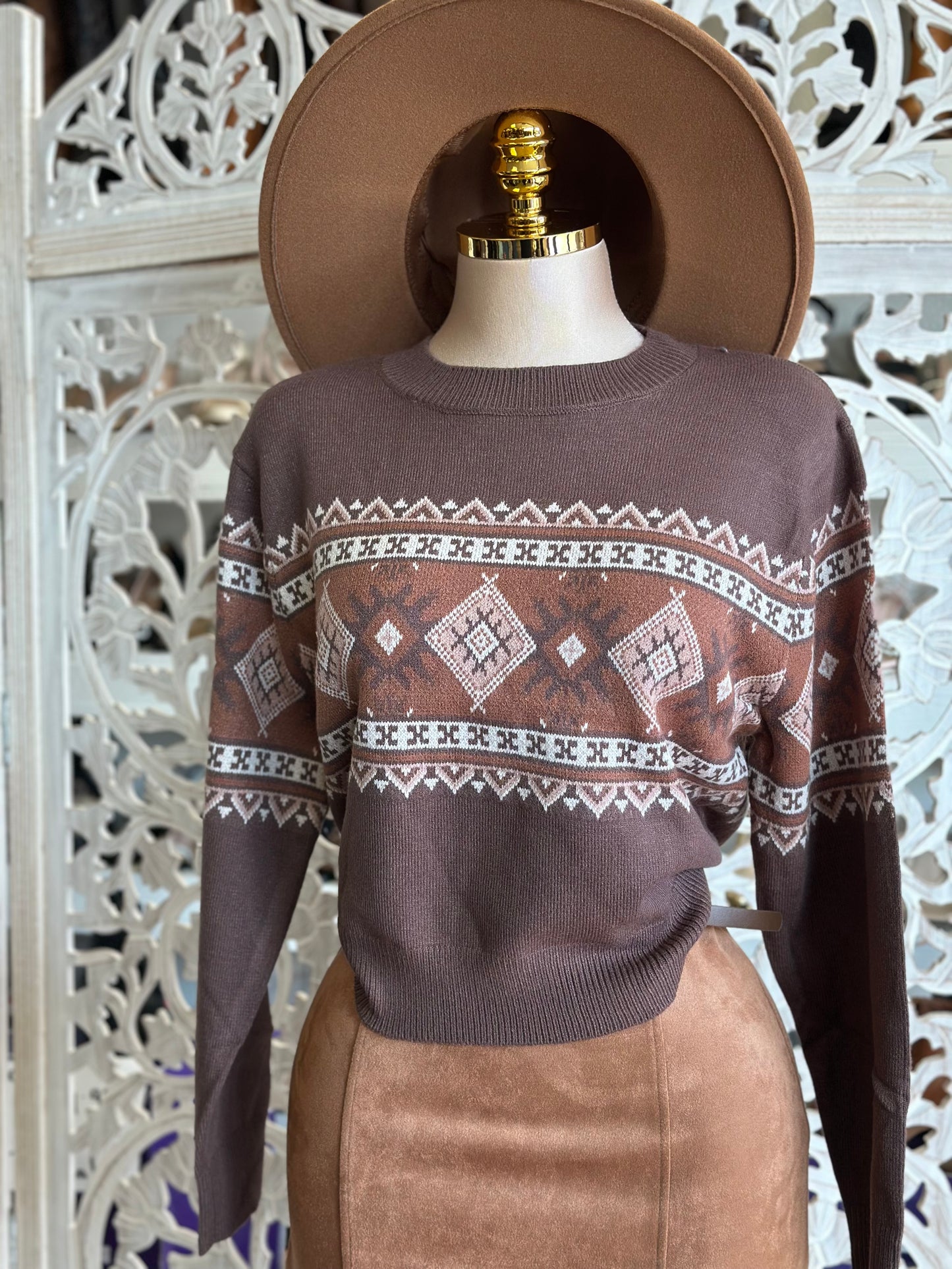 Winter Aztec Print Brown Sweater