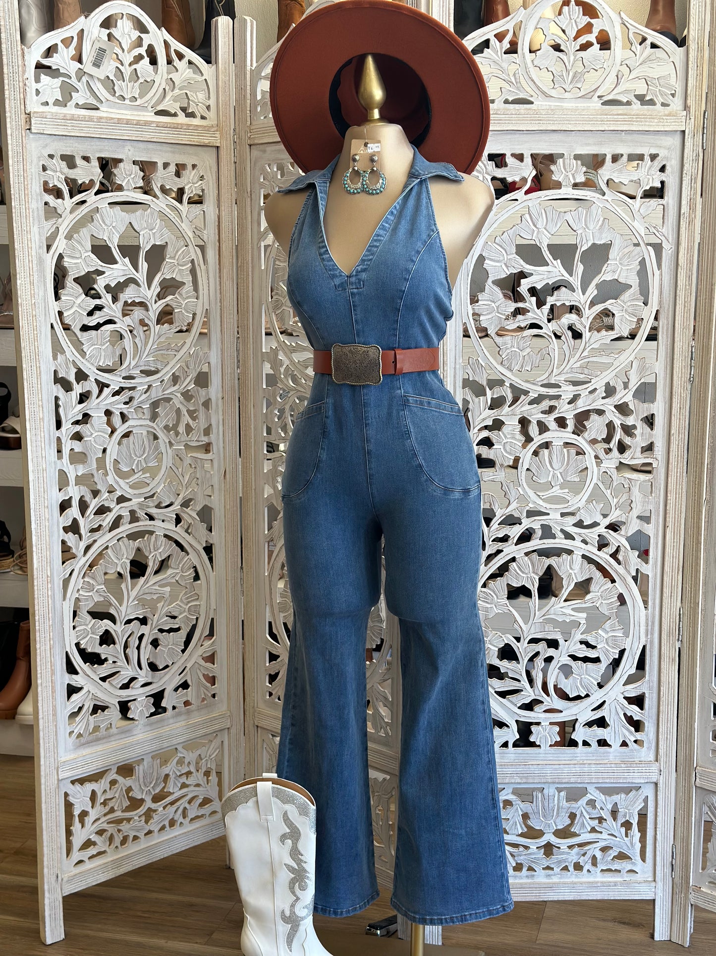 Denim Collard Backless Jumpsuit- Stretchy