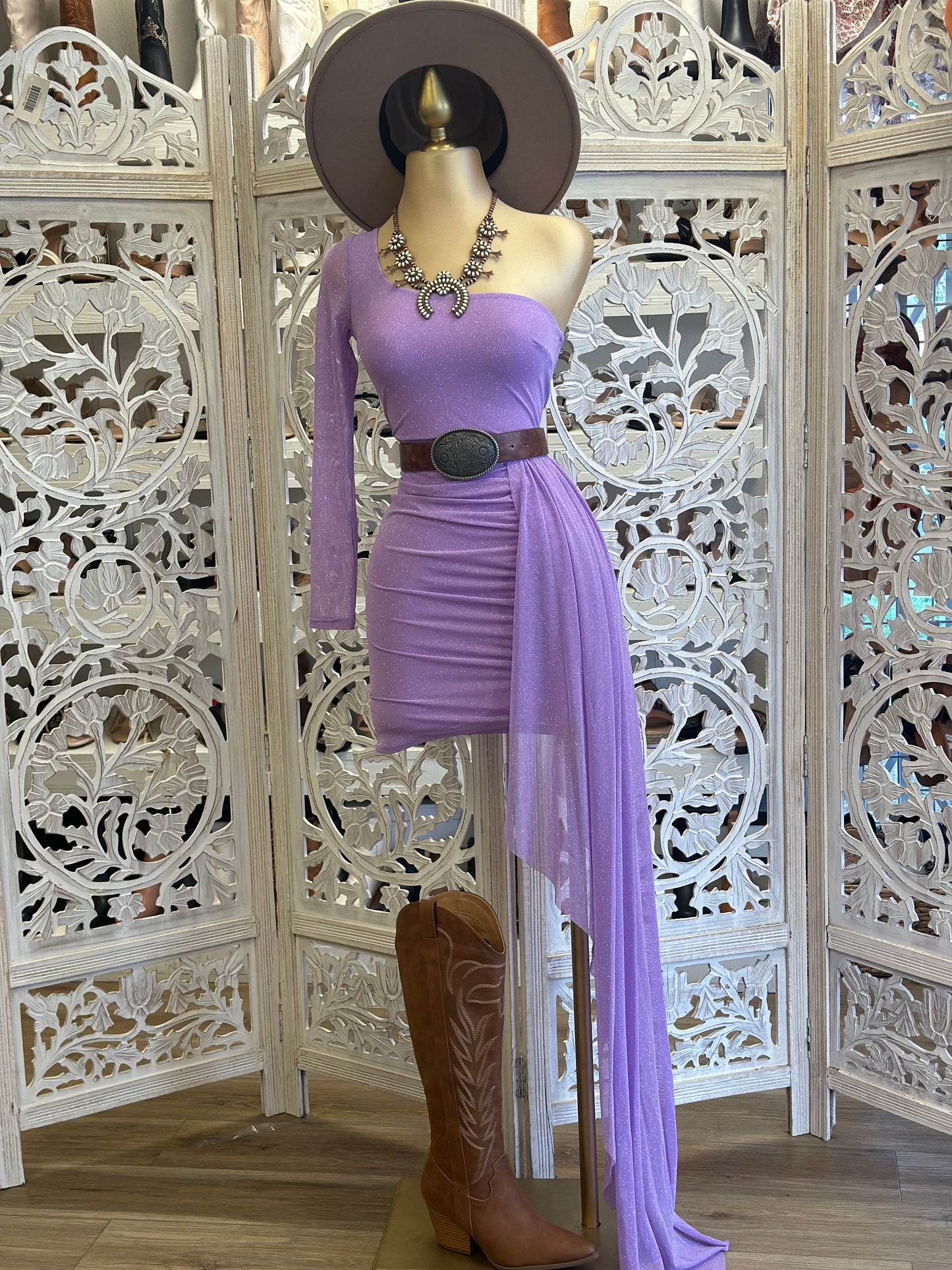 Glitter Purple Off Shoulder Tailed Dress- Stretchy venta final ..
