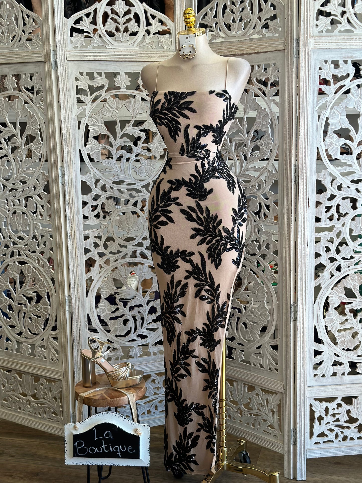 Cami Leaf Patter Sequin Maxi Dress- Stretchy, Estira