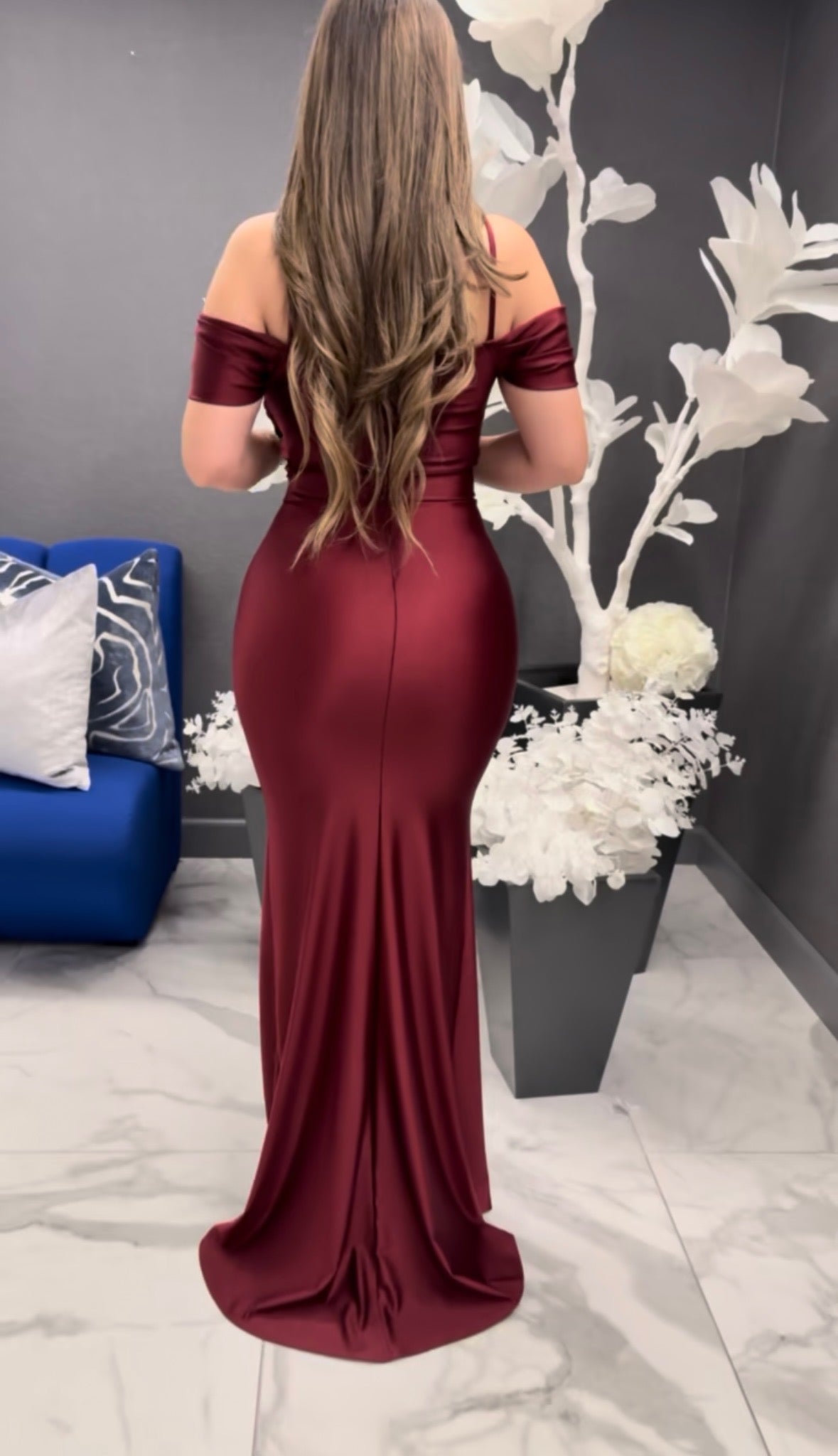 Deep Maroon Wrapped Off Shoulder Gown- Stretchy, Estira