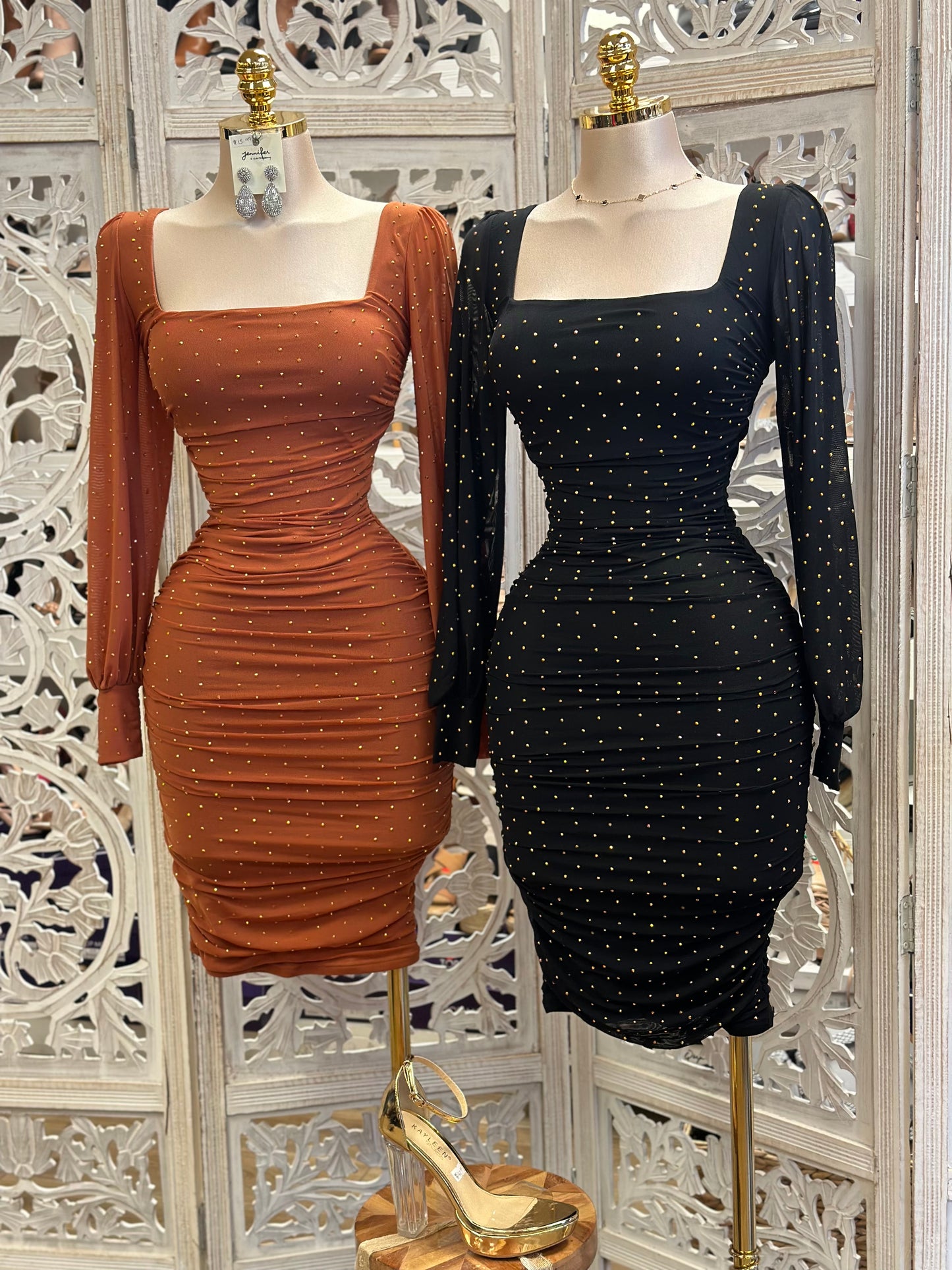 Square Neck Rhinestone Mini Dress- Stretchy,Estira
