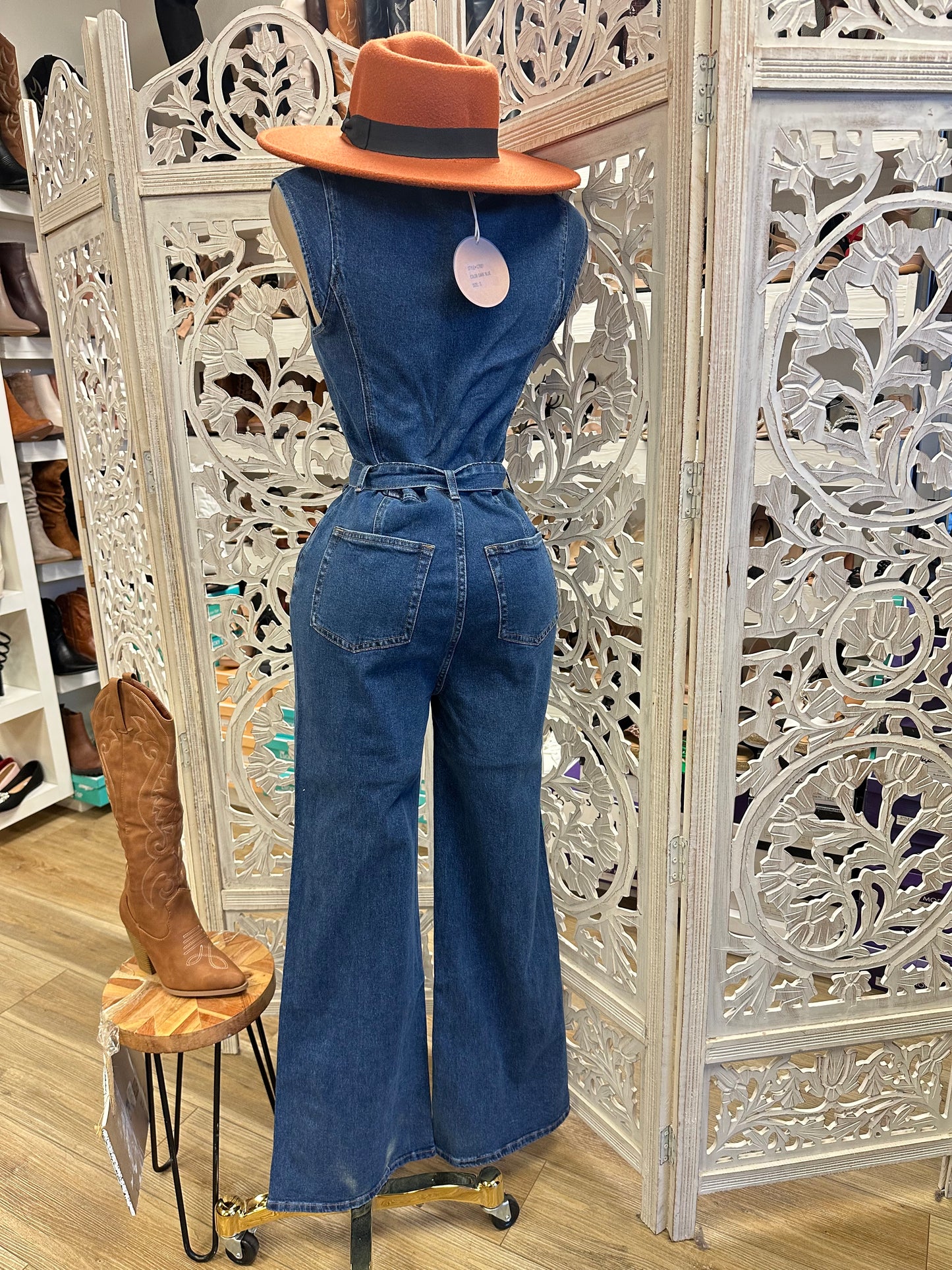 Denim Square Neck Ribbon Jumpsuit - Not Stretchy, No Estira