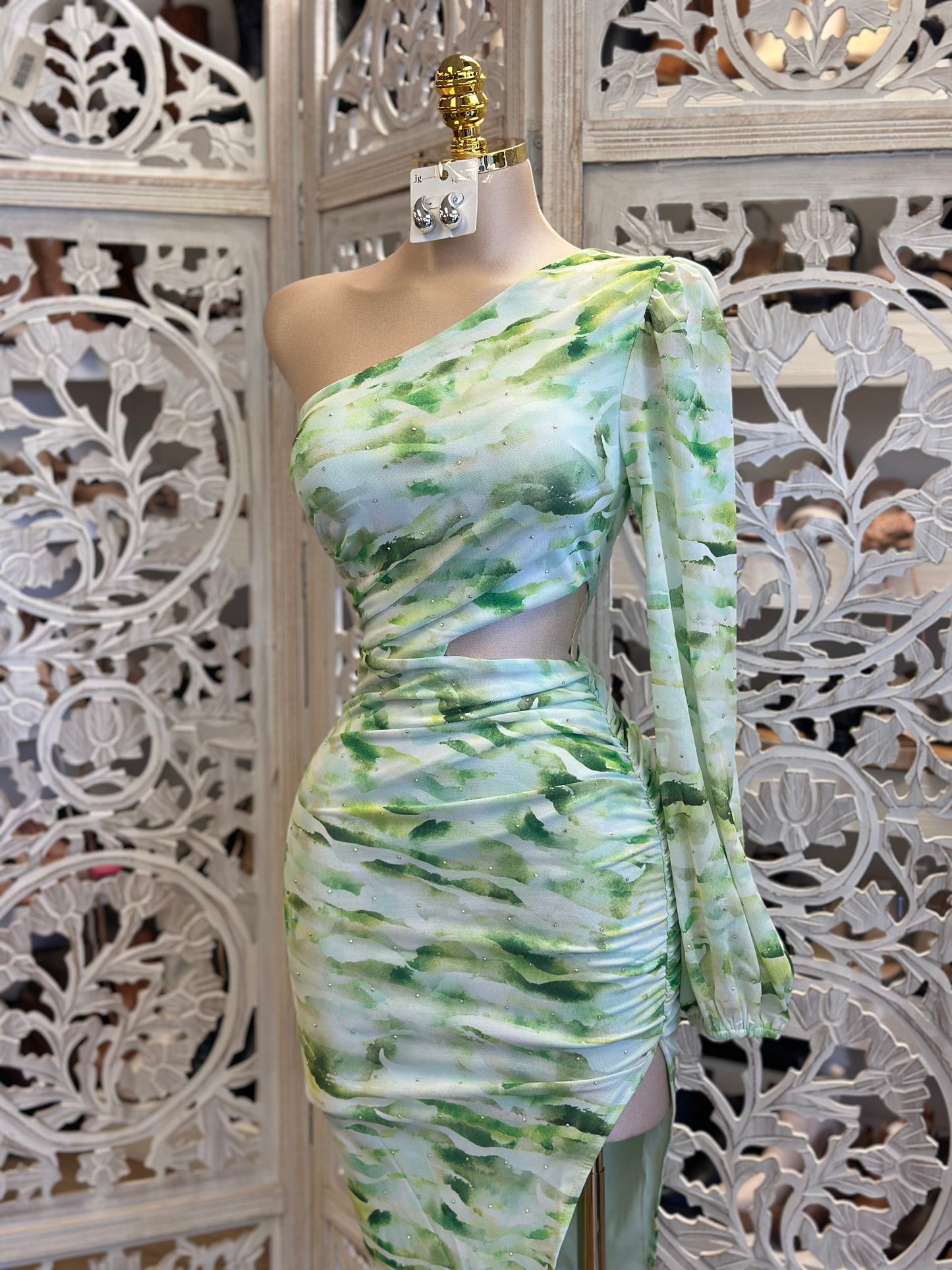 Green Patterned One Sleve Dress - Estira, Stretchy
