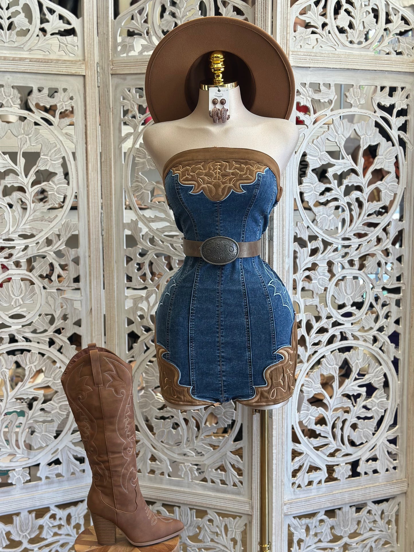 Denim Brown Western Embroidered Dress- Stretchy