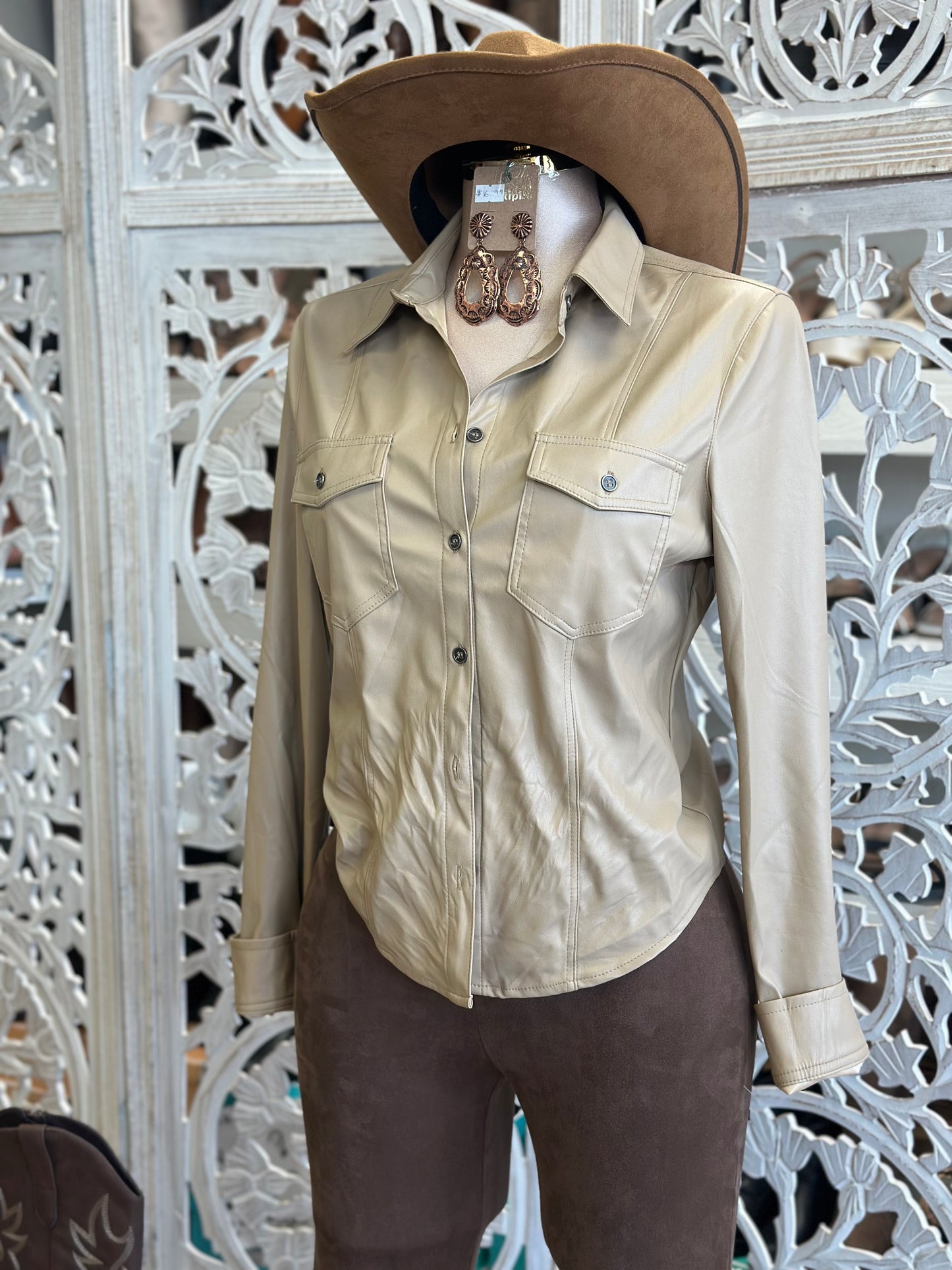 Beige Faux Leather Button Up Blouse- Estira, Stretchy