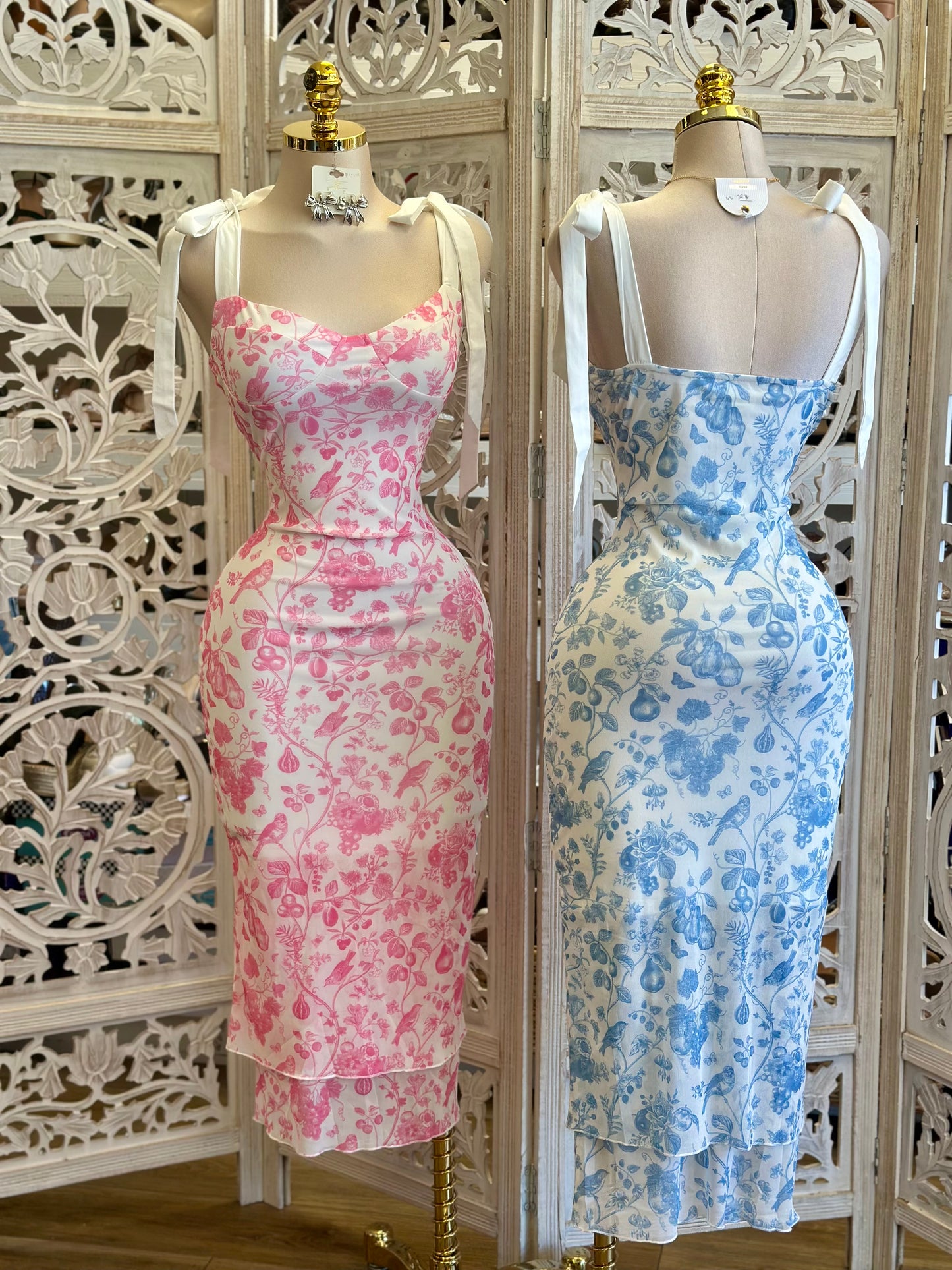 Ribbon Strap Floral Midi Fitted Dress - Estira, Stretchy