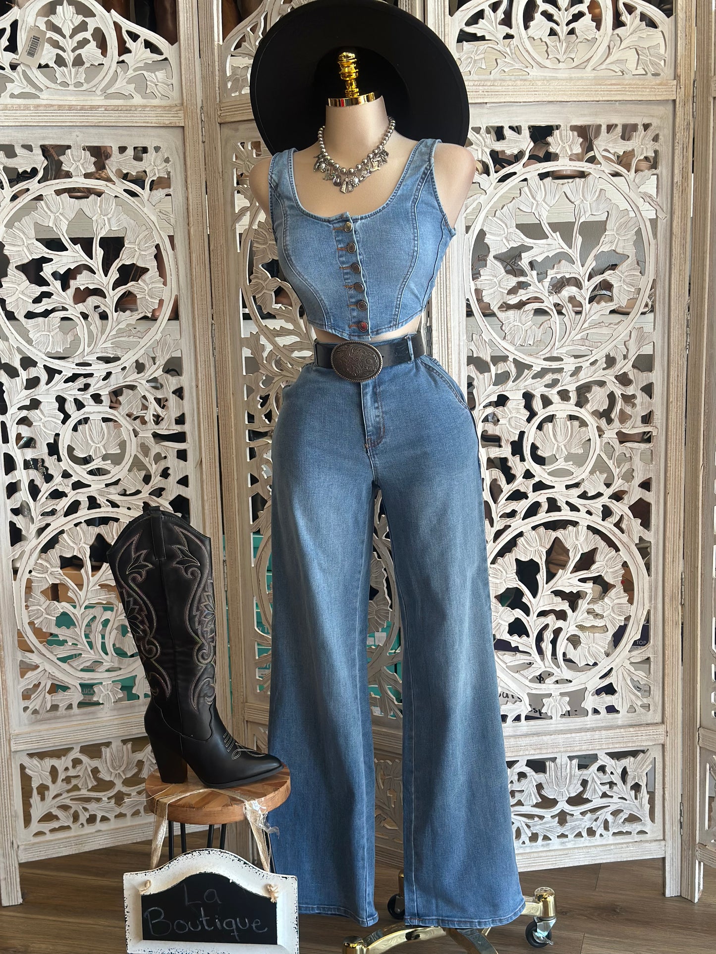 Denim Vest and Bell Bottom Set - Stretchy, Estira