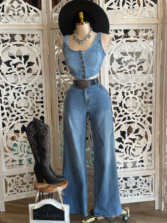 Denim Vest and Bell Bottom Set - Stretchy, Estira