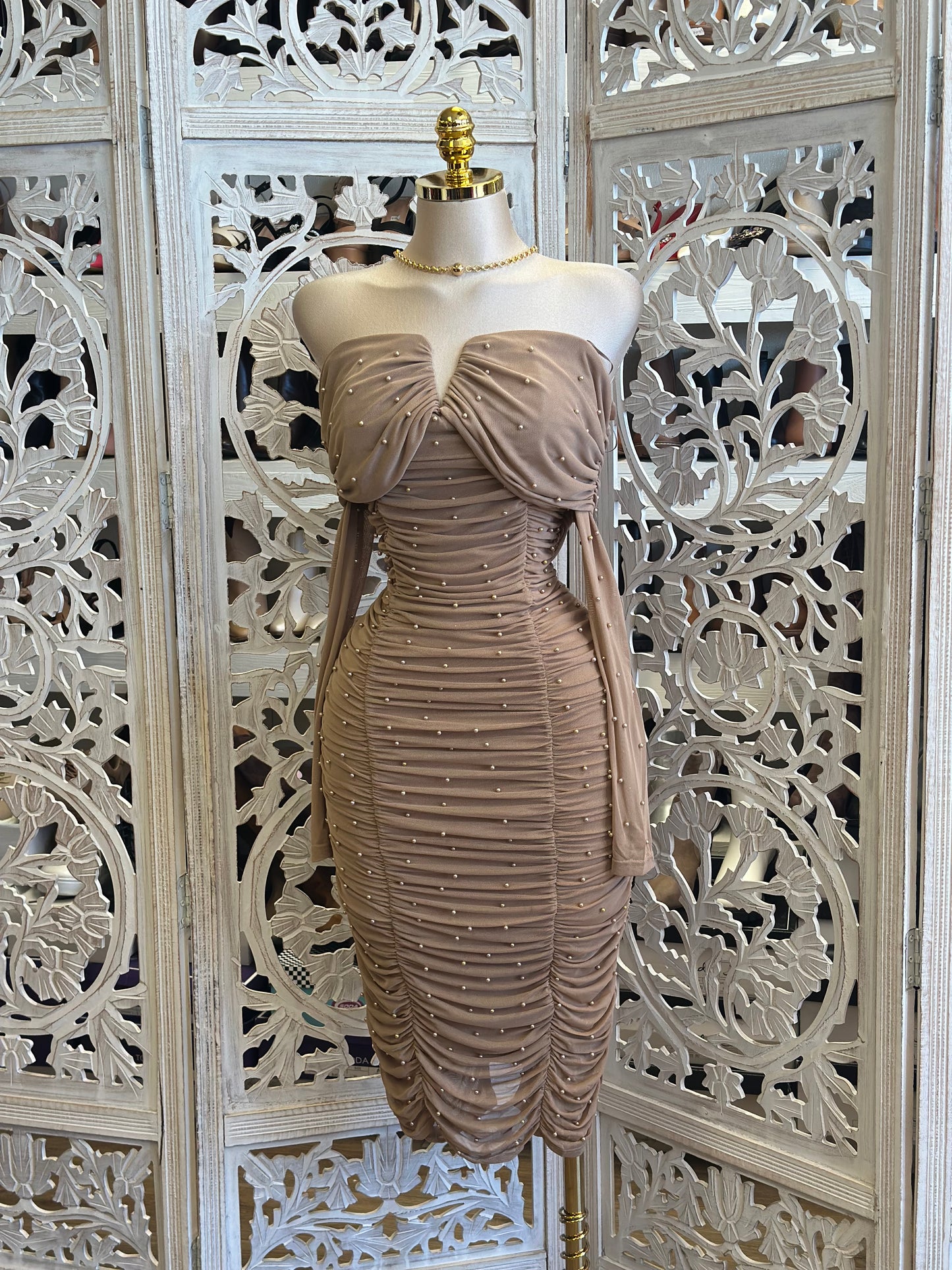 Embellished Brown Ruched Midi Dress-Estira, Stretchy