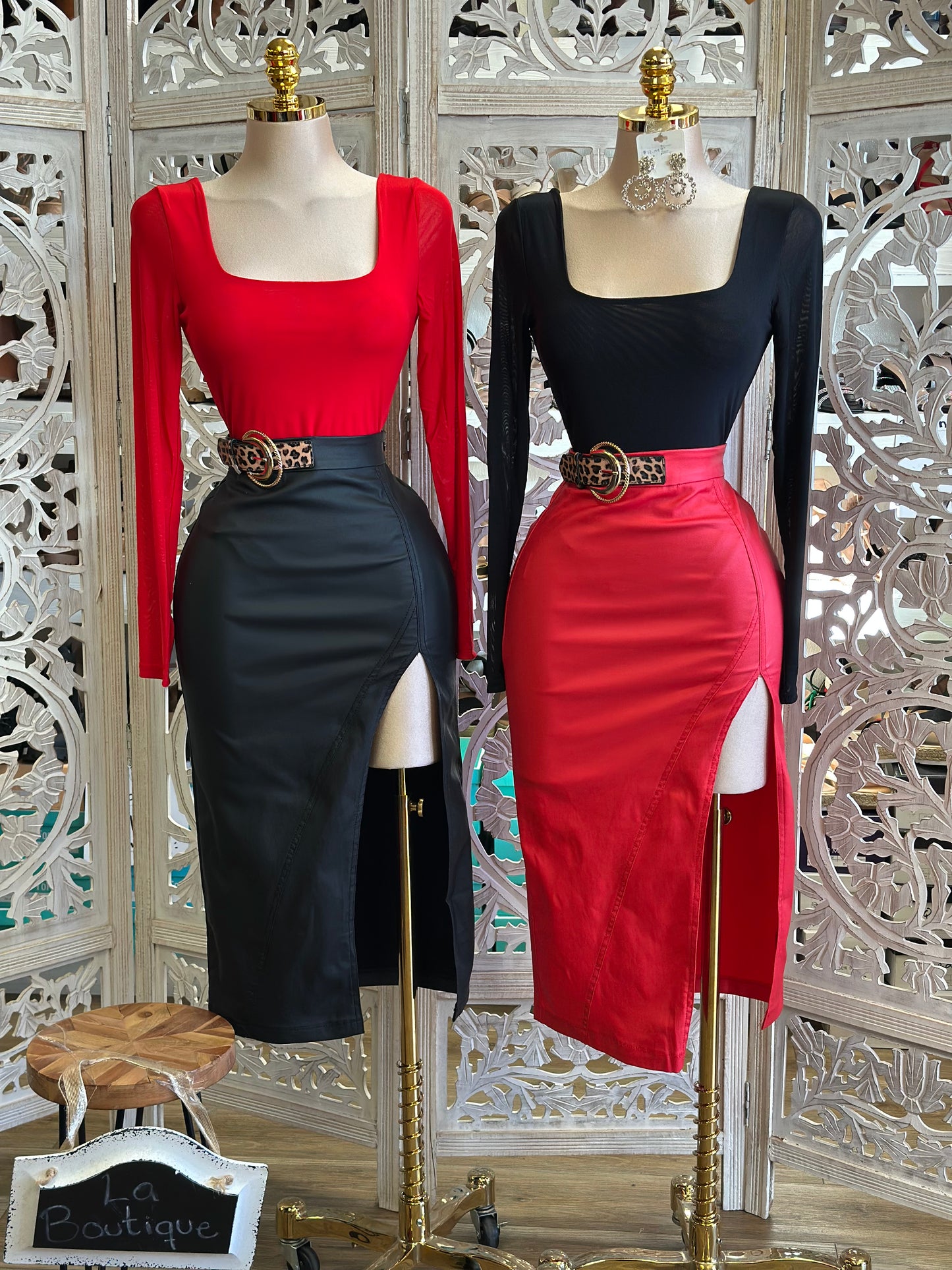 Cheetah Belt High Slit Midi Skirt-Estira, Stretchy
