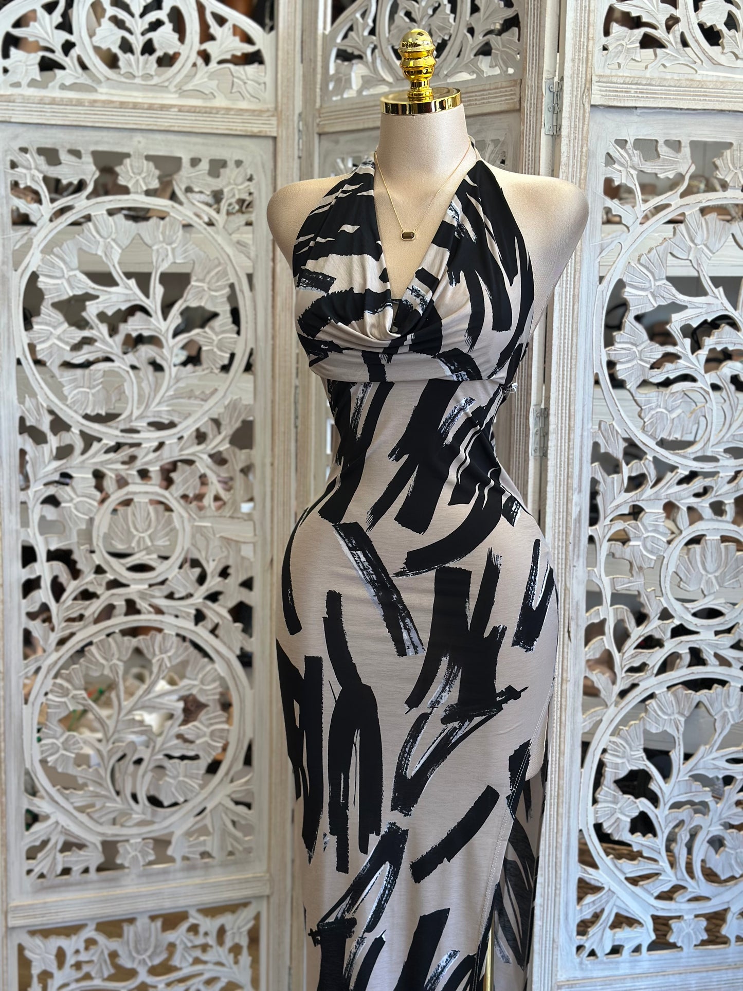 Cowl Open Back Beige Pattern Dress- Stretchy , Estira