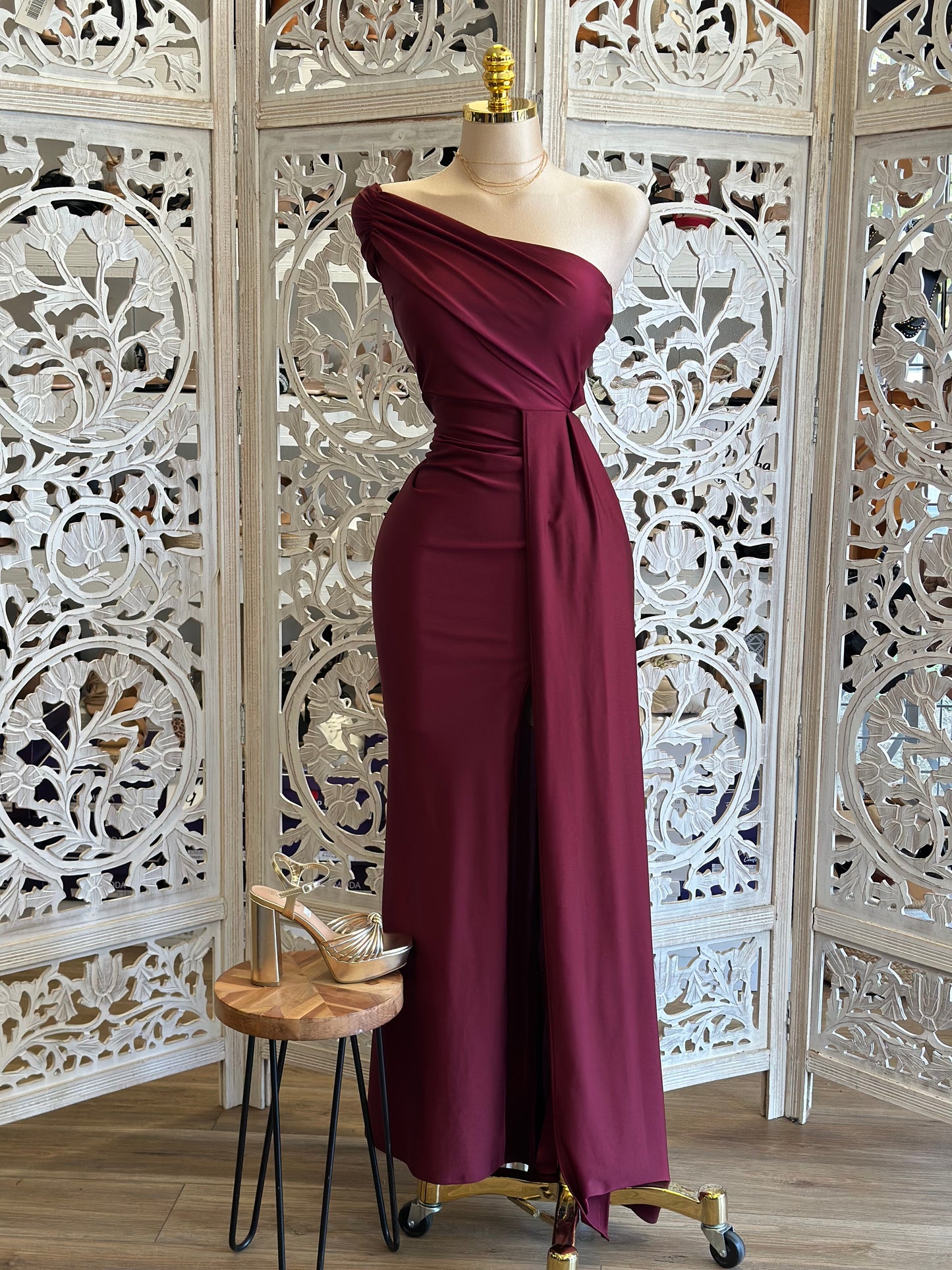 Wine Draped Formal Dress- Stretchy,Estira