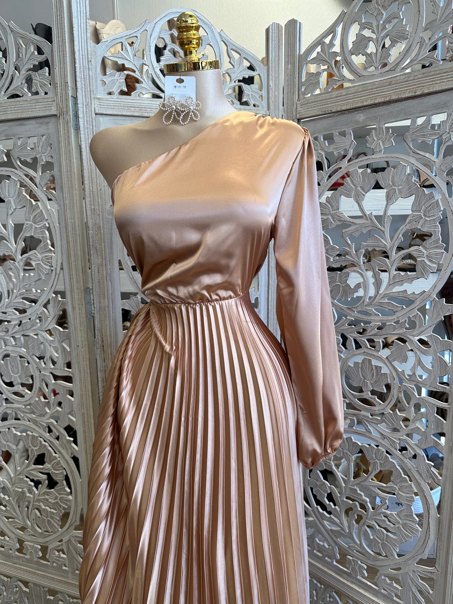 Pleated One Sleeve Maxi Dress- Stretchy, Estira