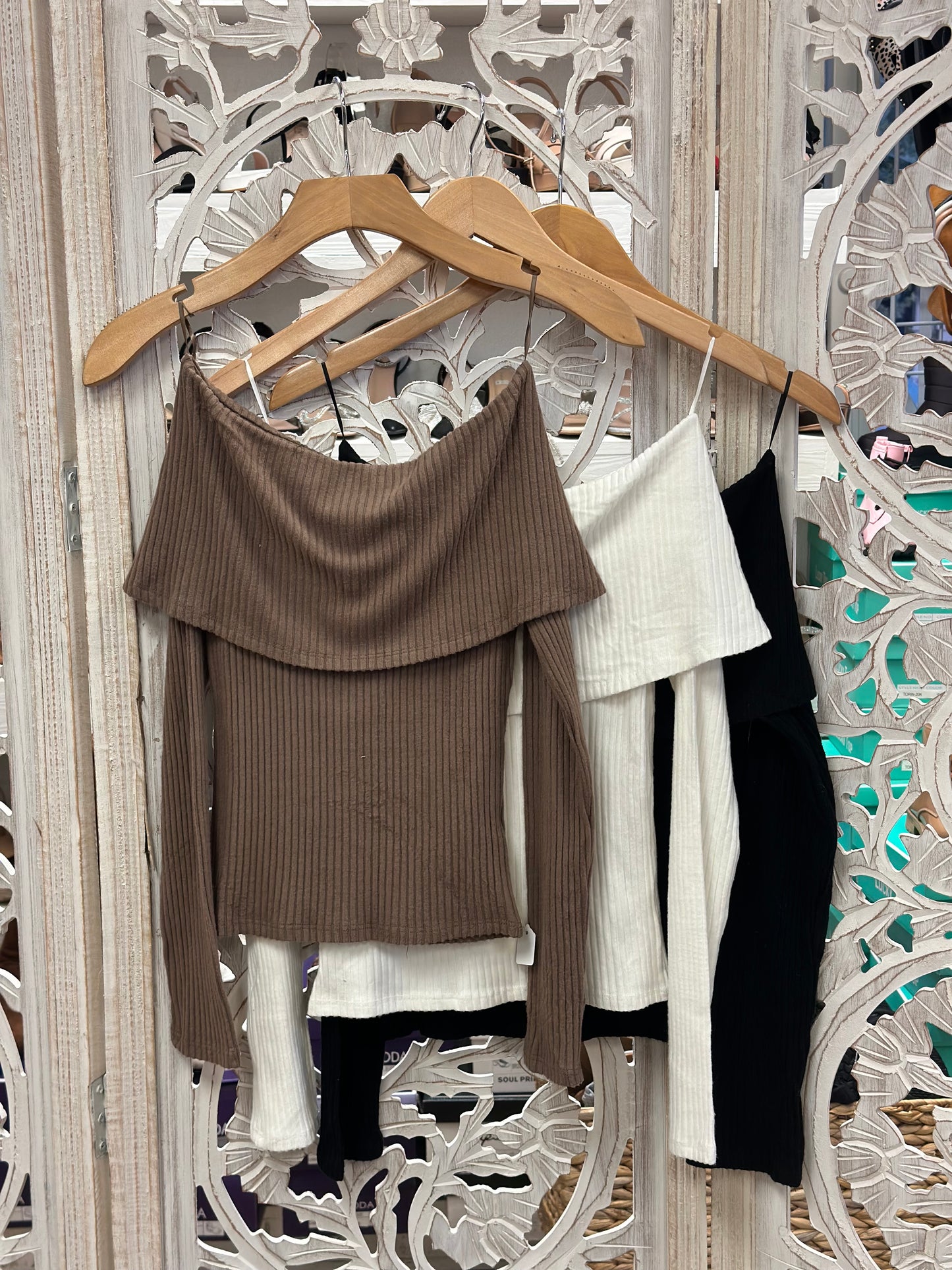 Sweater Off Shoulder Ribbed Top- Estira, Stretchy