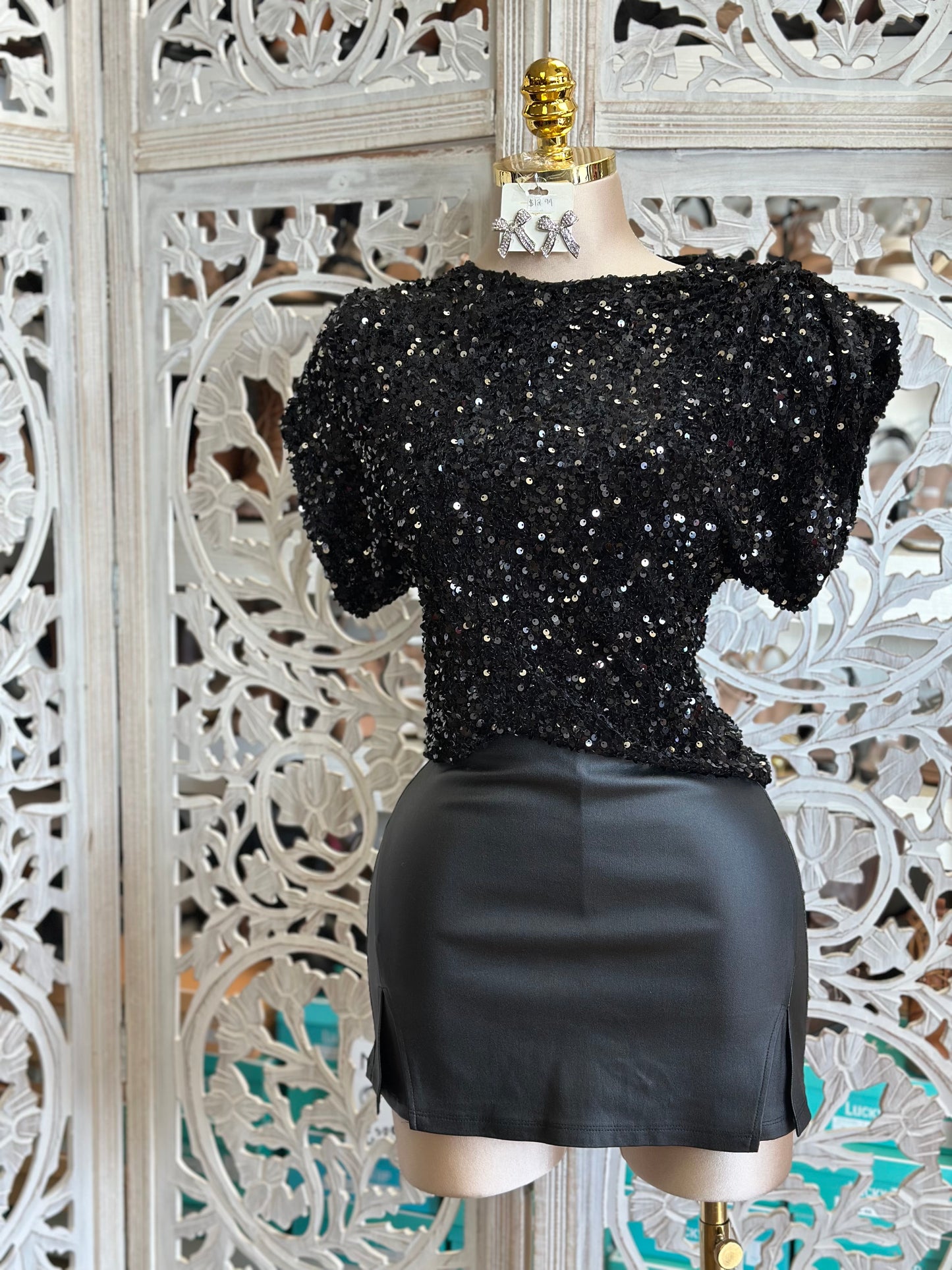 Black Sequin Short Sleeve Blouse- Estira, Stretchy