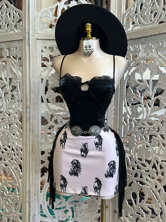 Horse Print Ruffle Mini Skirt-No Estira, Not Stretchy