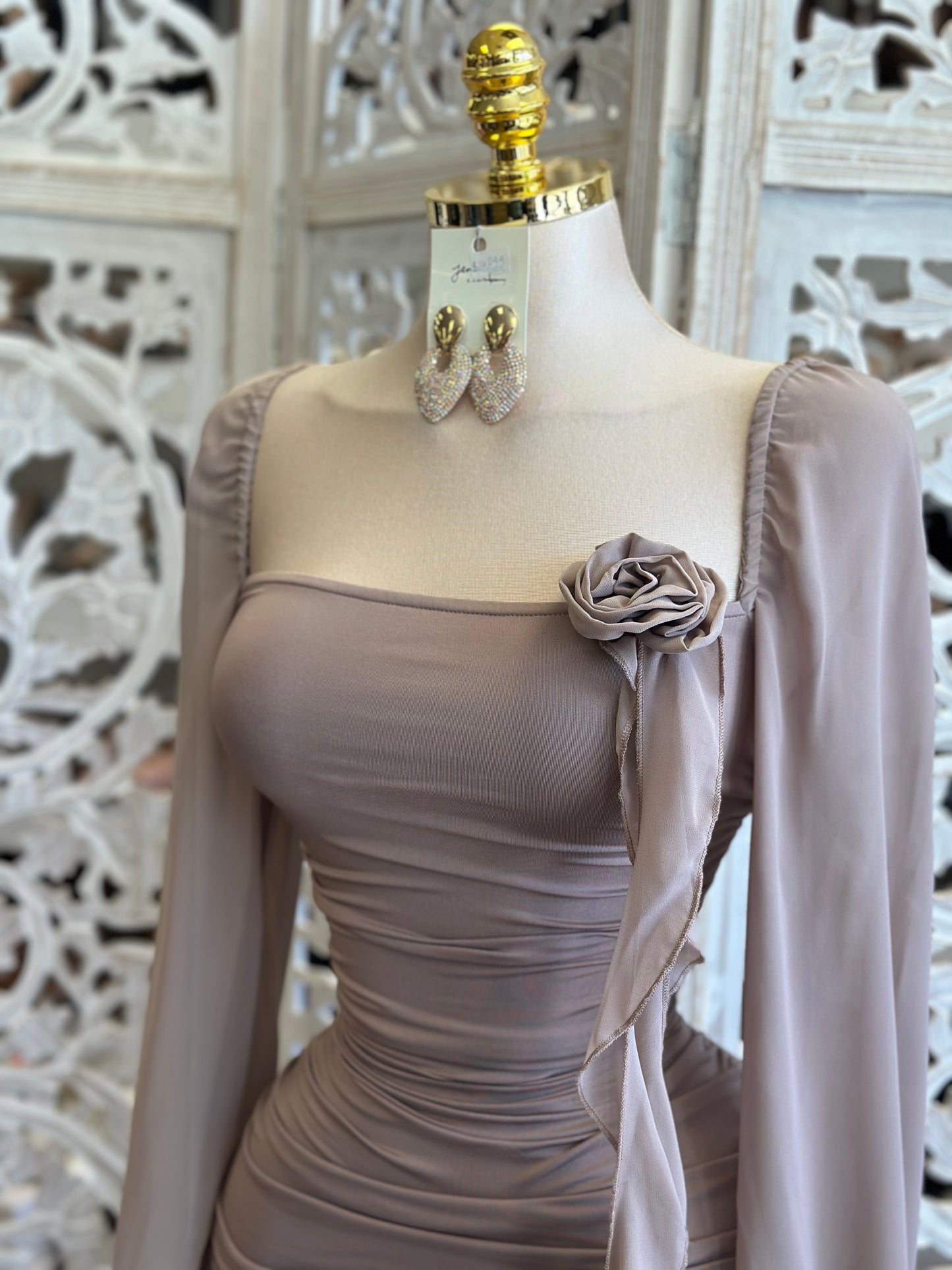 Taupe Floral Detail Midi Dress- super Stretchy ,