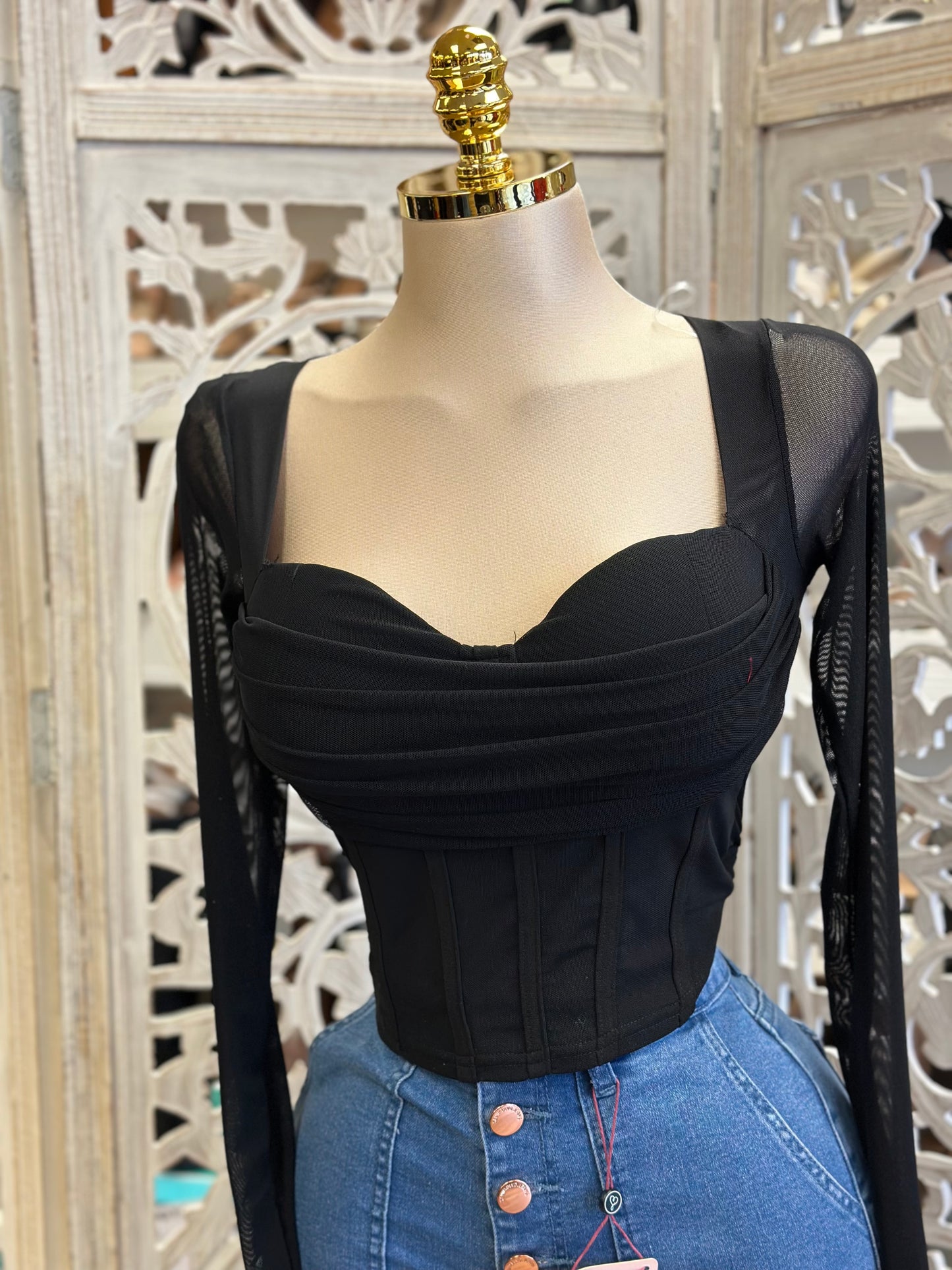 Black Corset Cowl Neck Top- Estira, Stretchy
