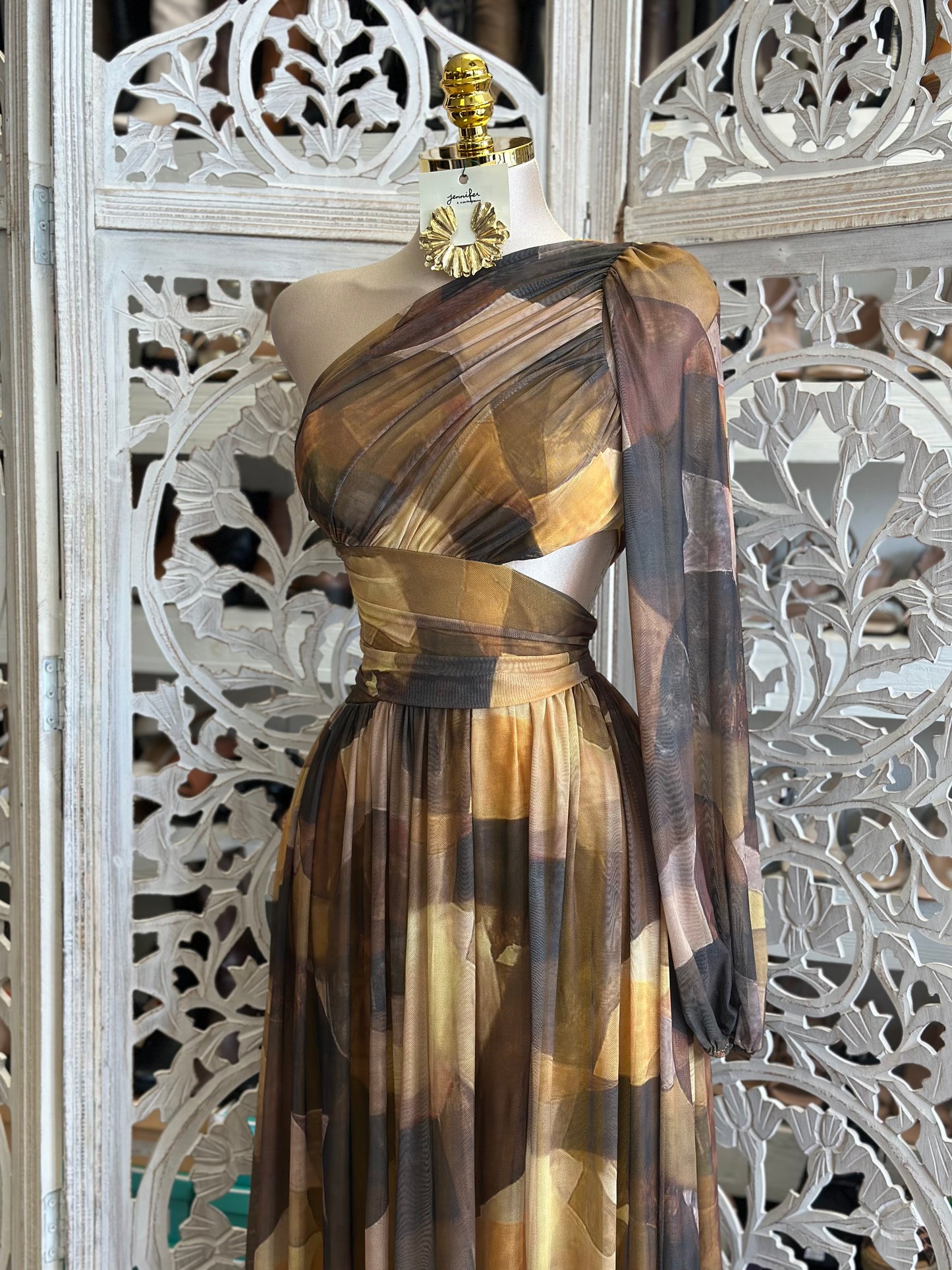 One Sleeve Pleated Pattern Dress- Stretchy,Estira