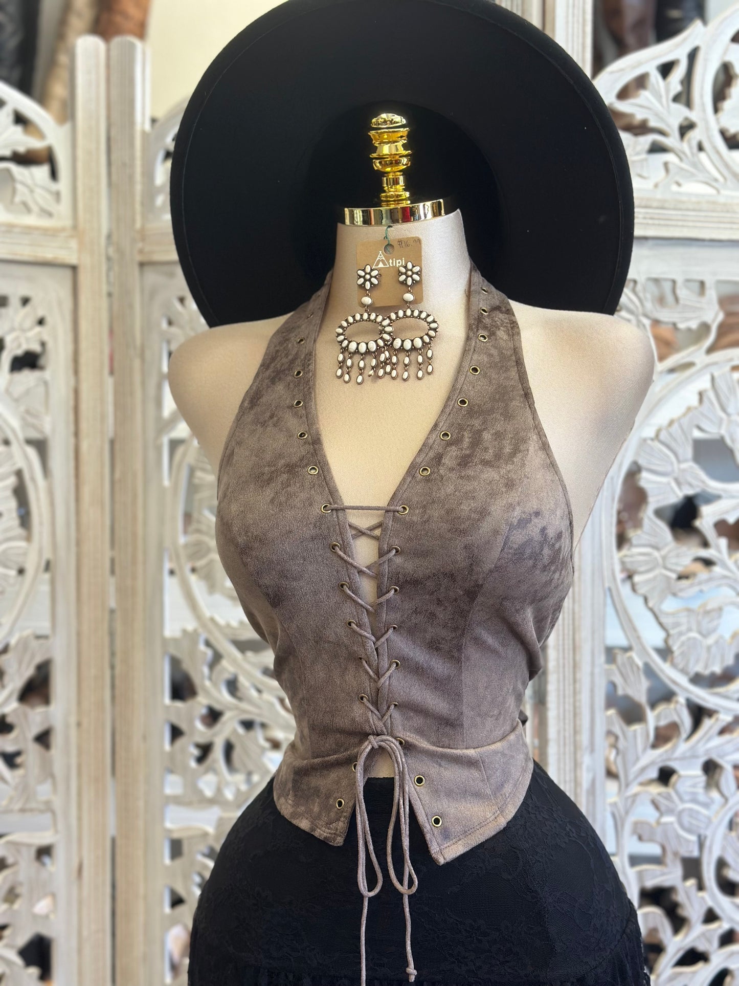 Tie Up Suede Taupe Blouse - Estira, Stretchy