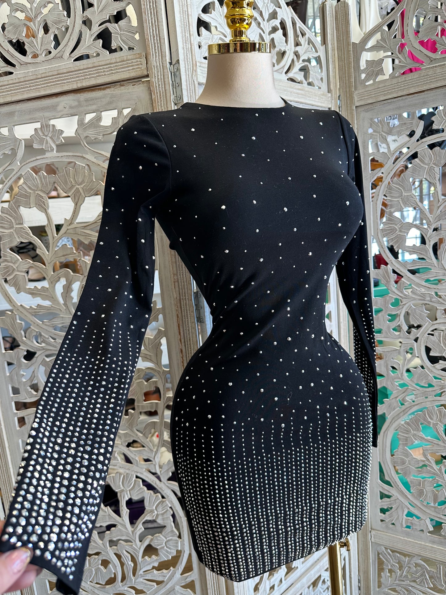 Black Rhinestone Gradient Mini Dress- Stretchy,Estira