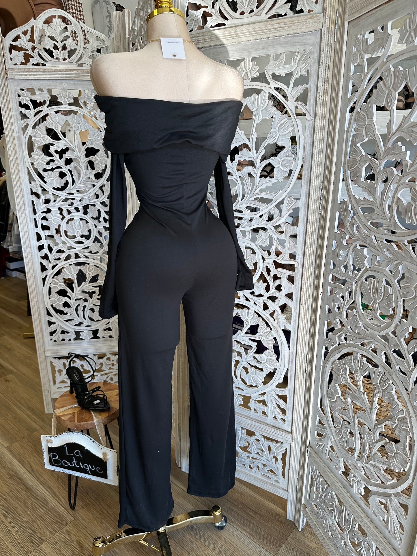 Off Shoulder Solid Black Jumpsuit- Stretchy, Estira