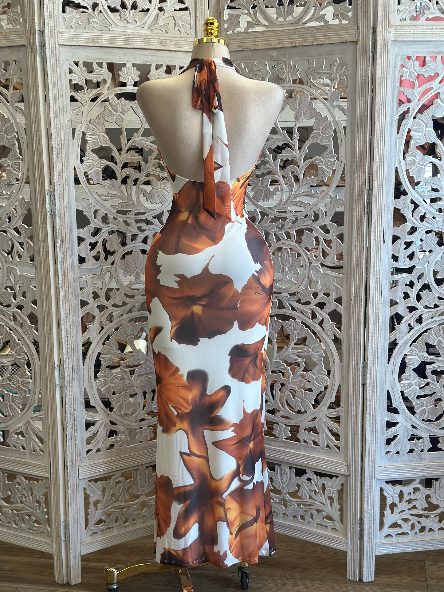Halter Autumn Colors Floral Dress- Stretchy, Estira