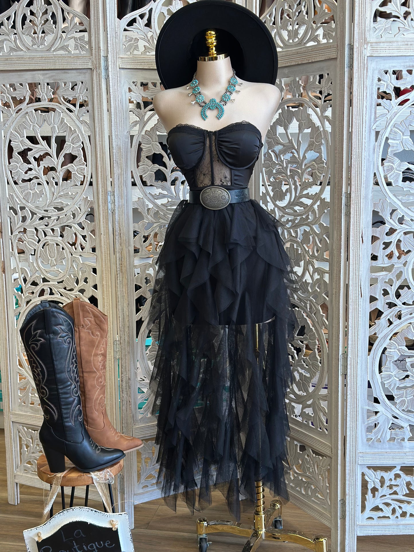 Black Ruffle Strapless Dress- Not Stretchy,No Estira