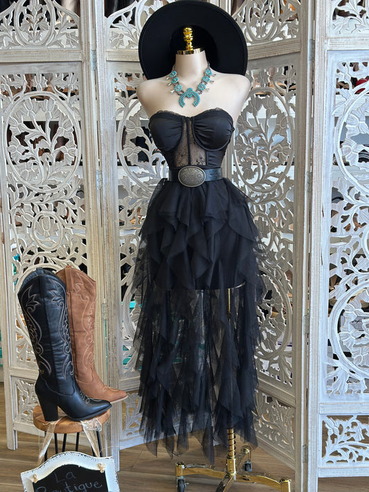 Black Ruffle Strapless Dress- Not Stretchy,No Estira