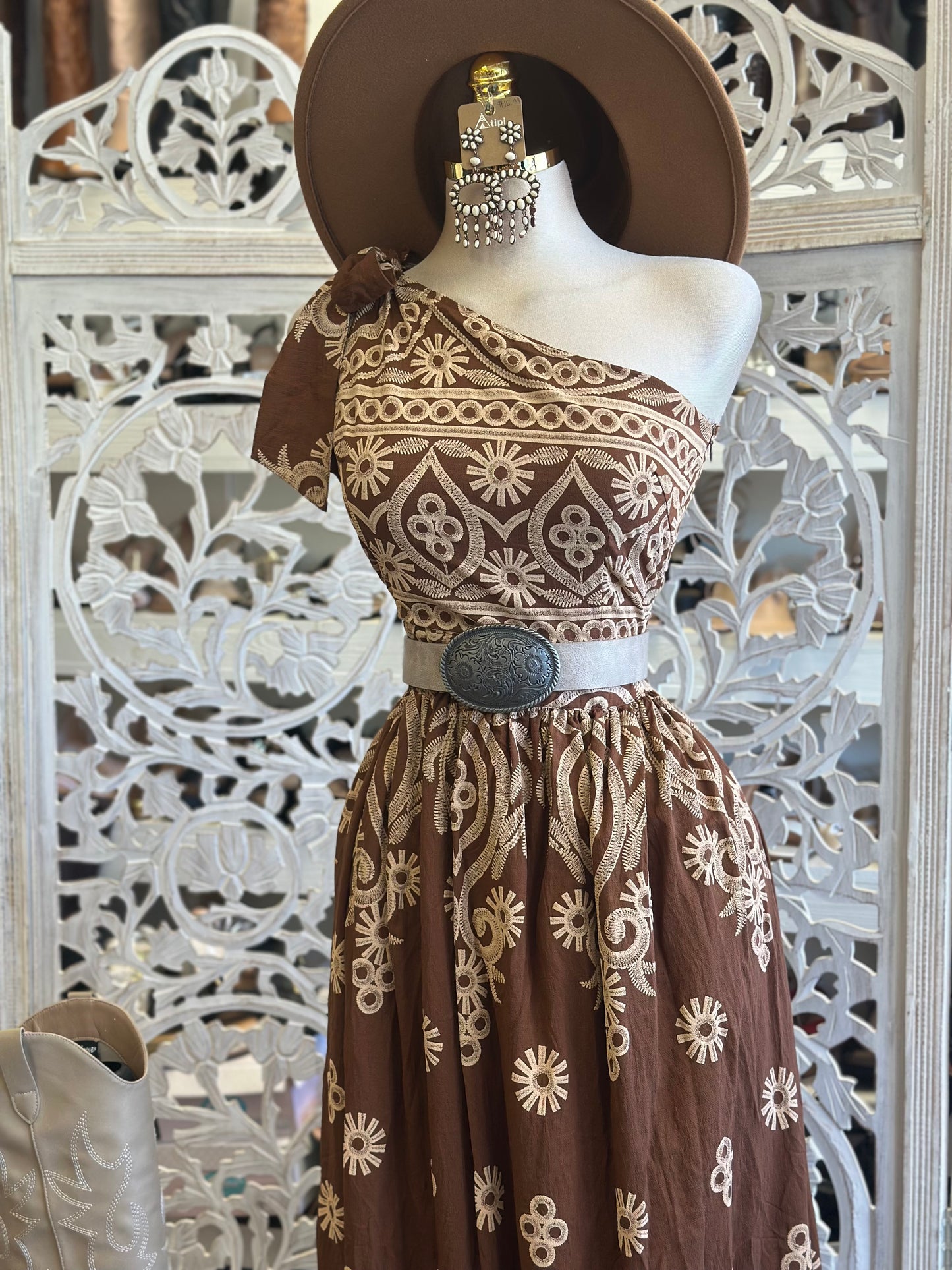 Boho One Sleeve Maxi Pattern Dress- No Estira, Not Stretchy